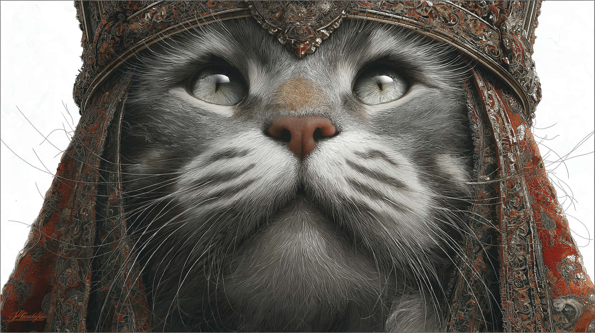 Royal Feline Gaze 壁紙 — 一隻威嚴的灰色貓咪戴著華麗的紅金色皇冠，上面有精緻的刺繡和垂下的流蘇。
