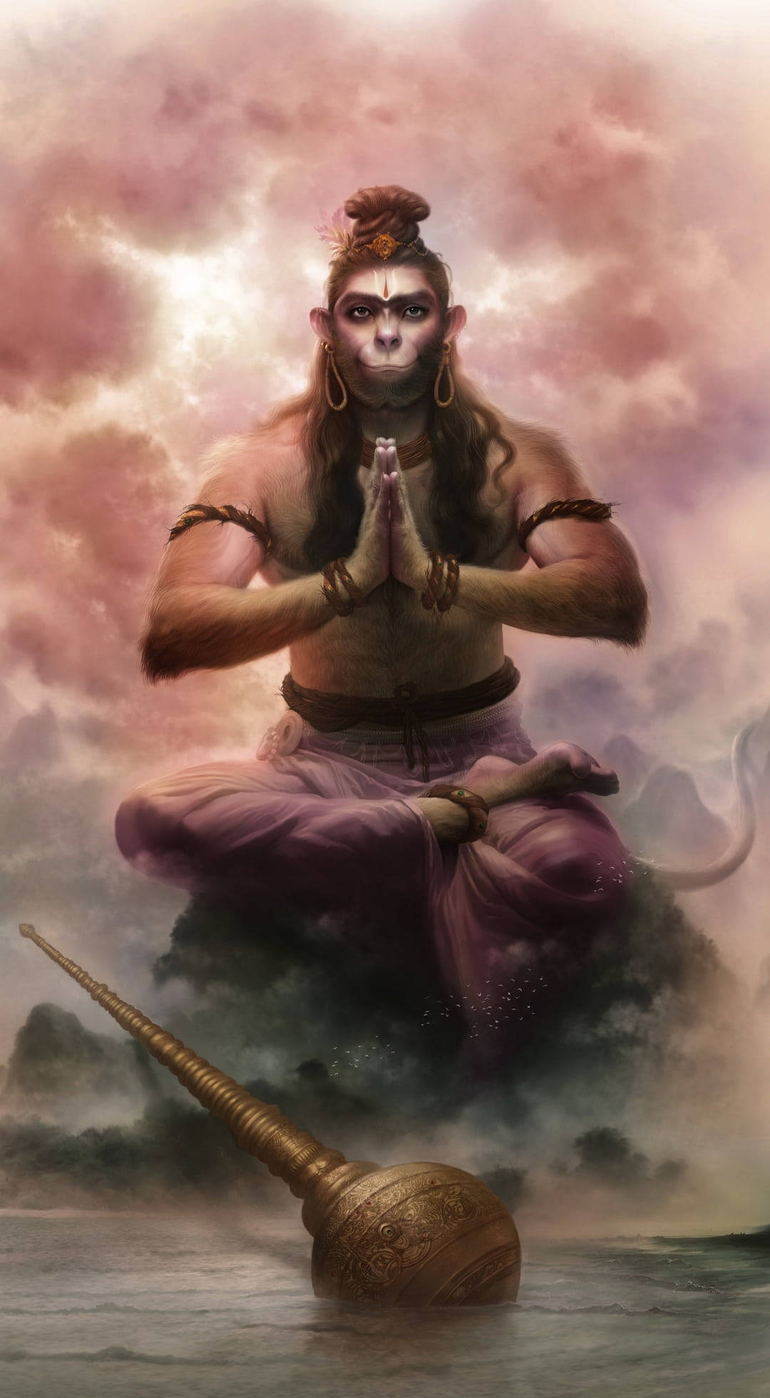 hanuman art 桌布 壁紙 — 一隻威嚴的猴神在雲端上冥想，一根金色法杖靜置於下方的水中。