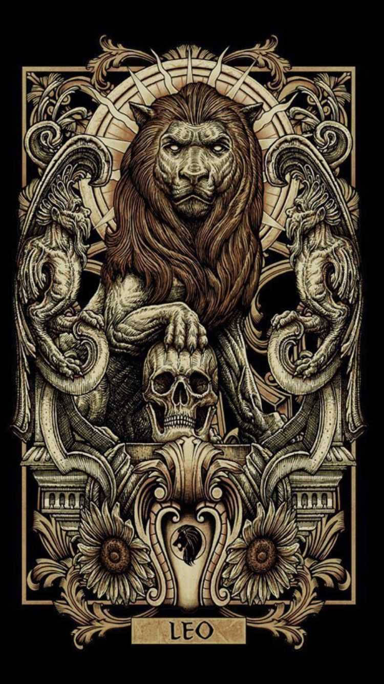 Leo 桌布 壁紙 — 一隻威嚴的獅子，下方有一個頭骨，以華麗的金色鏤空花紋框住，兩側有獅鷲，背景為黑色。