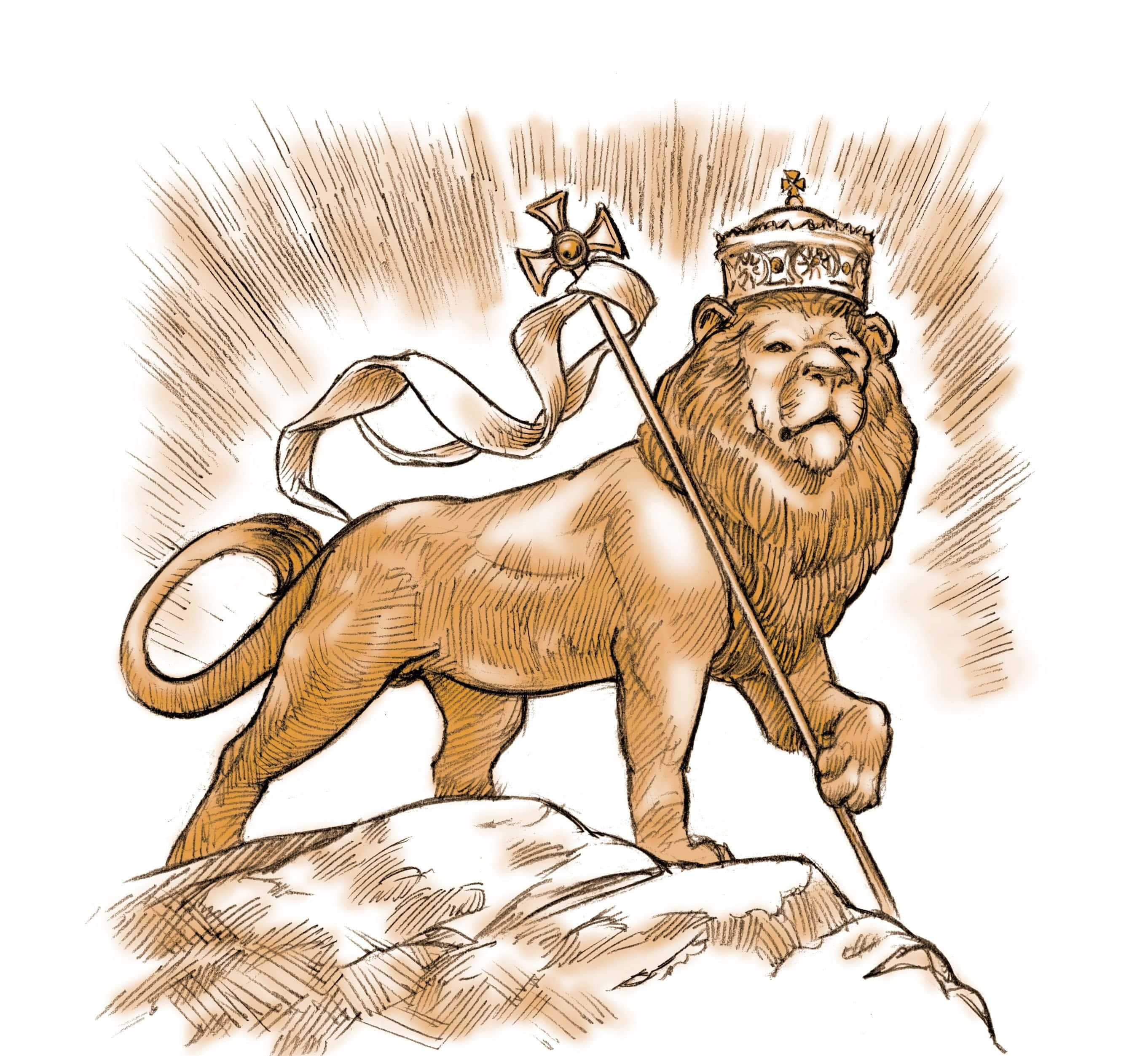 Lion Of Judah 桌布 壁紙 — 一隻威嚴的獅子戴著王冠，手持帶有十字架的權杖，傲然站立在岩石露頭上，呈現復古棕褐色調插圖。