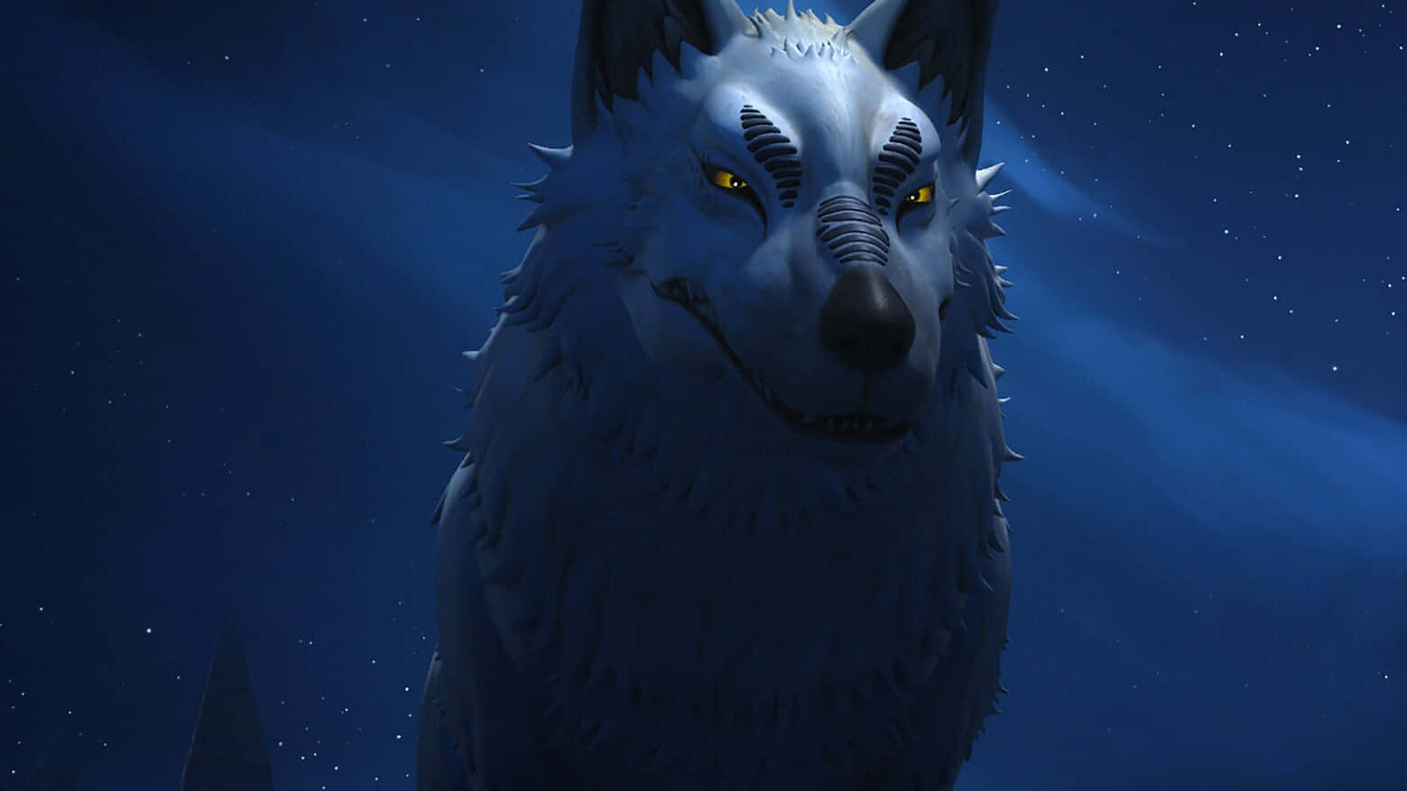 Wolf Art 桌布 壁紙 — 一隻威嚴的白狼，擁有發光的黃色眼睛，在繁星點點的夜空下強烈凝視。