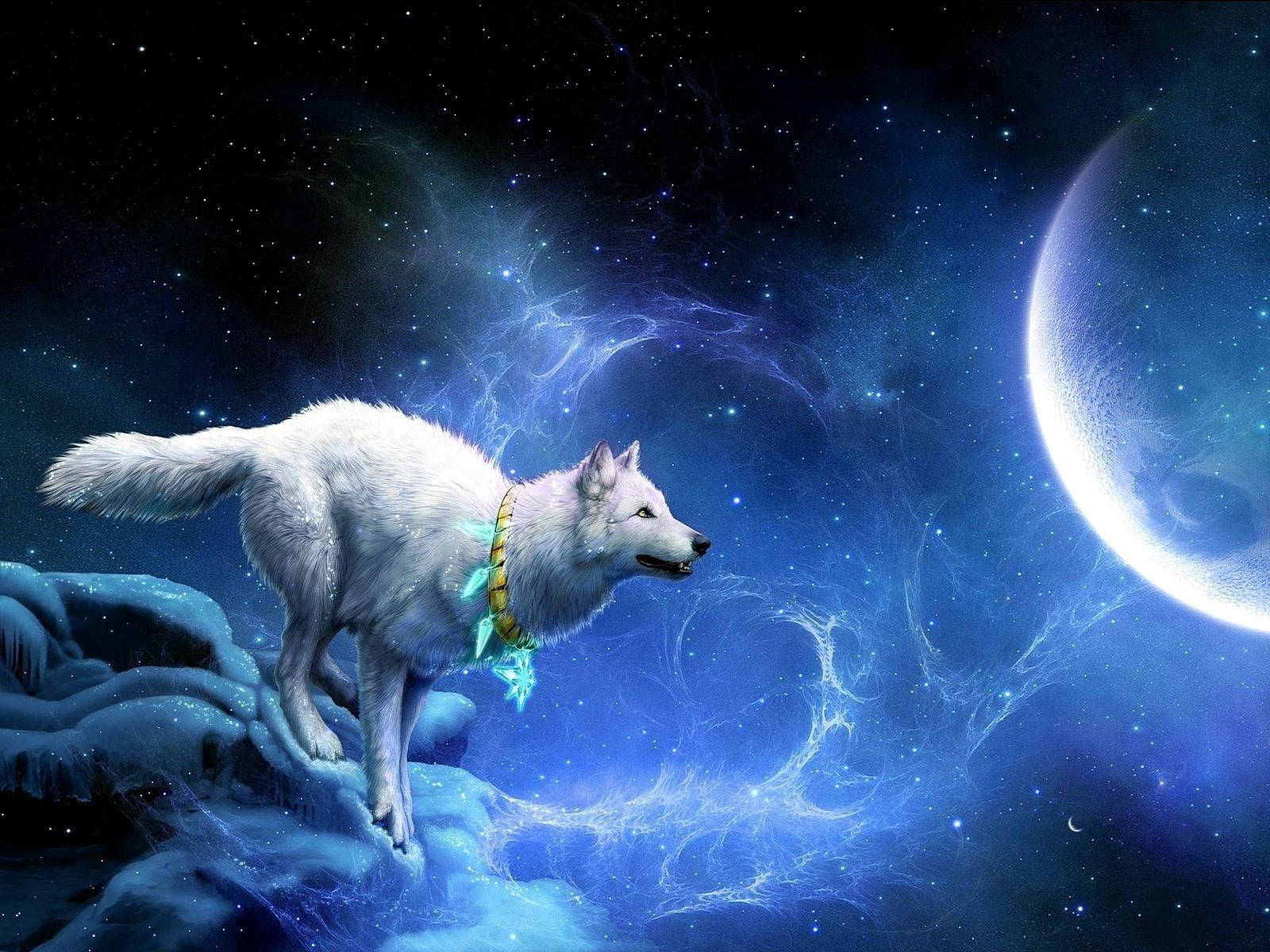 夢幻藍色星空背景下，戴著魔法項圈的白狼準備躍向月亮。