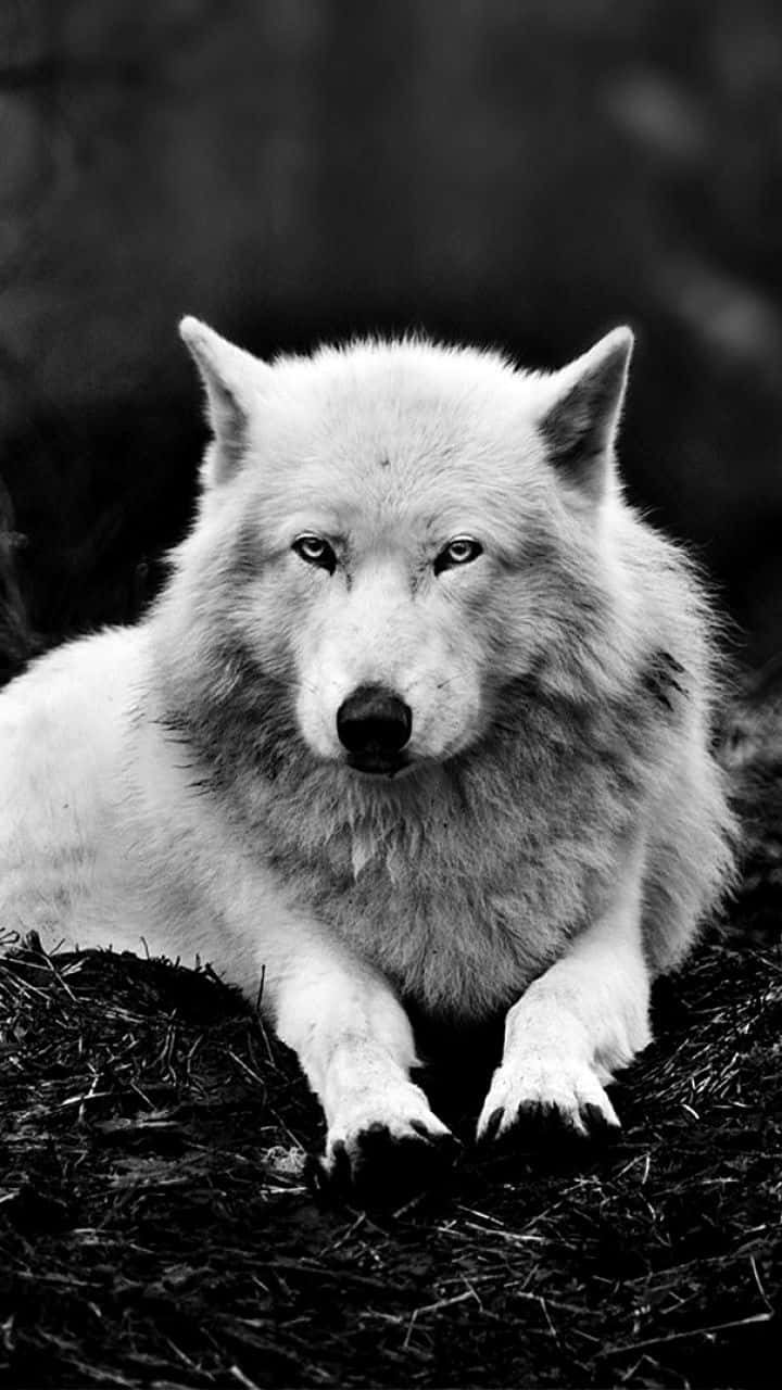 Wolf Phone 桌布 壁紙 — 一隻威嚴的白狼警覺地躺在深色草地上，其銳利的目光在清晰的黑白影像中被捕捉。