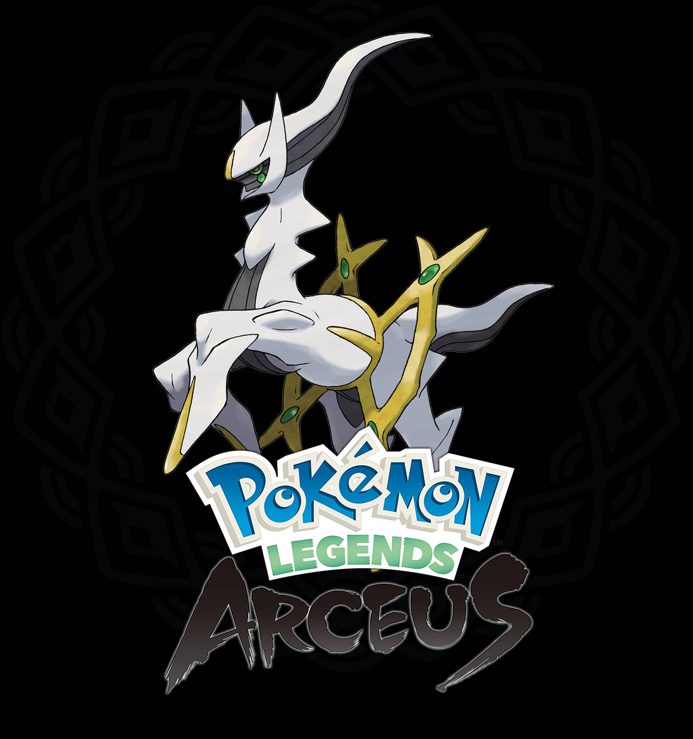 Legends 桌布 壁紙 — 一隻威嚴的白色和金色阿爾宙斯站在深色圖案背景上，下方有 Pokémon Legends Arceus 標誌。