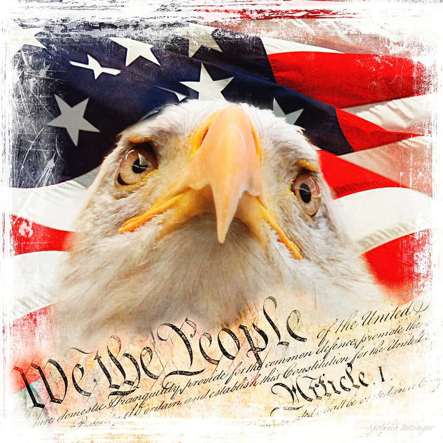 Eagle 桌布 壁紙 — 一隻威嚴的白頭鷹，在帶有憲法開場白的美國國旗背景前，以銳利的眼神直視前方。