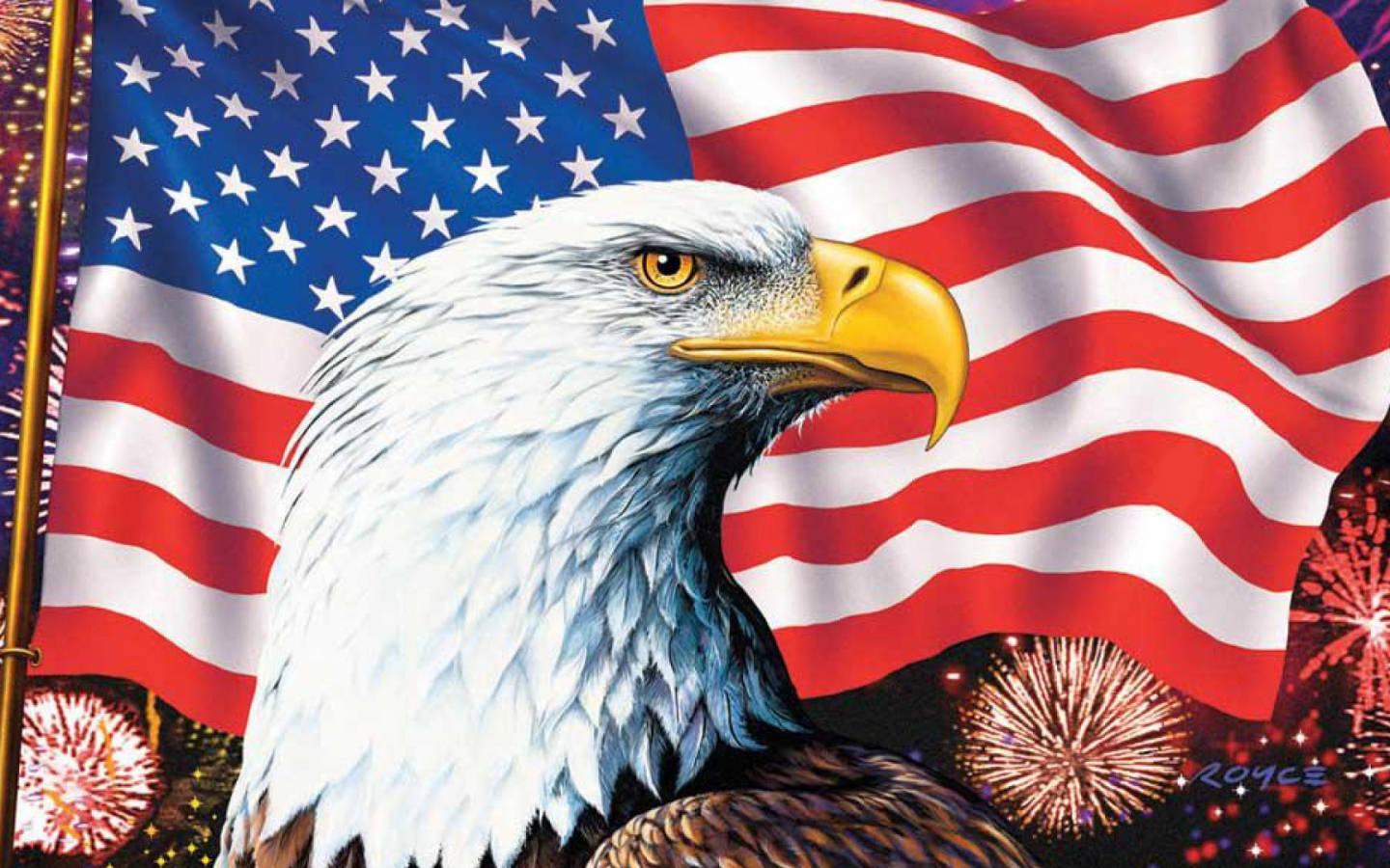 Eagle 桌布 壁紙 — 一隻威嚴的白頭鷹，擁有銳利的黃色眼睛，驕傲地站在飄揚的美國國旗前，背後煙火綻放出鮮豔的光芒。