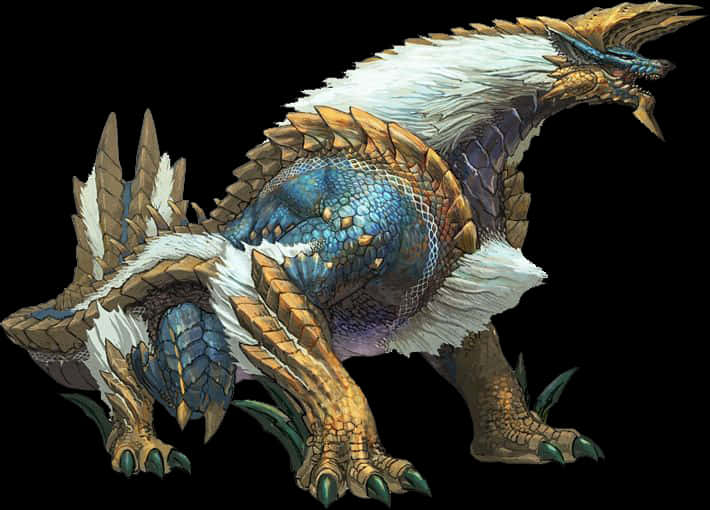 Creature 桌布 壁紙 — 一隻威嚴的藍金色鱗片怪物，白色毛髮和尖刺盔甲，站在黑色背景前。