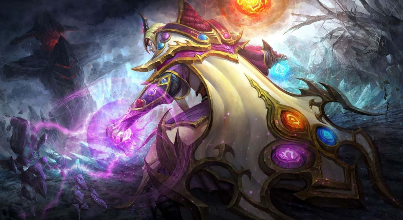 Dota 2 Invoker 桌布 壁紙 — 一隻威嚴的裝甲龍，帶有發光的紫色能量和華麗的金色盔甲，矗立在風暴般的神秘景觀中。
