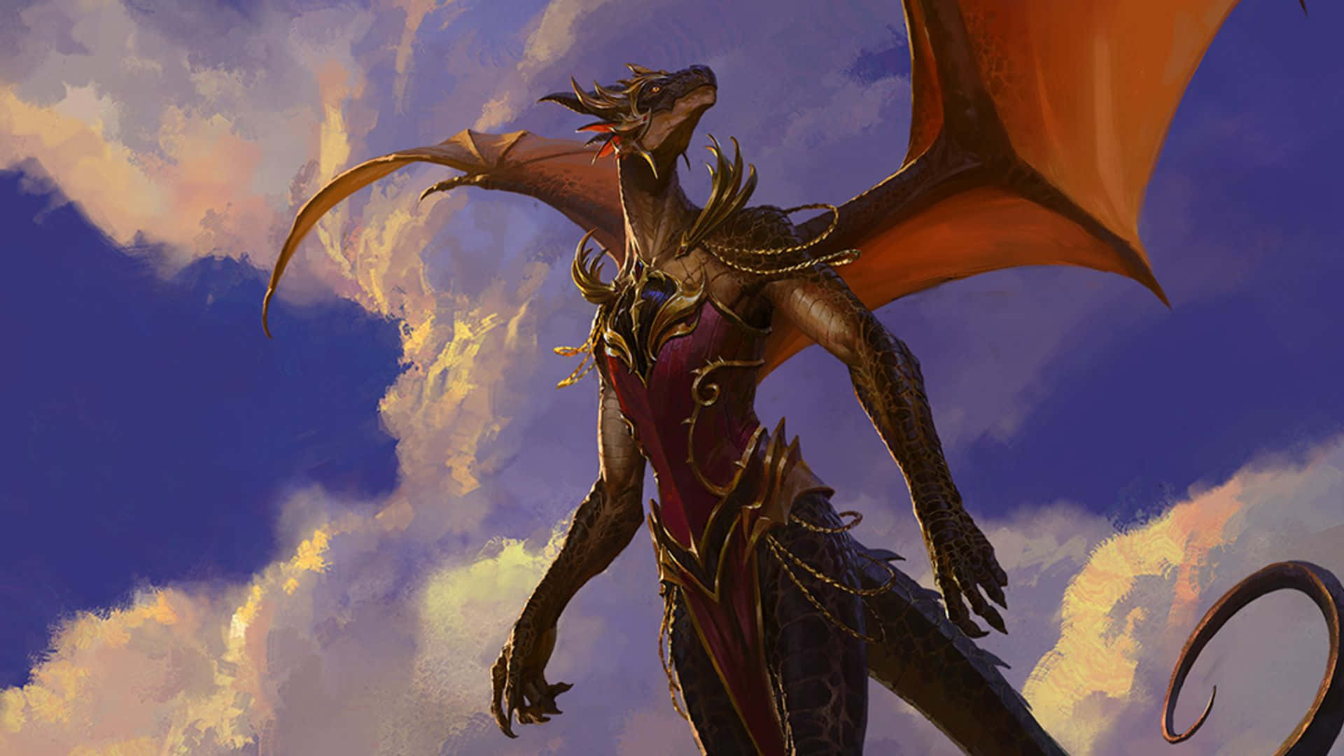 World Of Warcraft Races 桌布 壁紙 — 一隻威嚴的裝甲龍，擁有橙色翅膀，在紫色和金色交織的戲劇性暮色天空中翱翔。