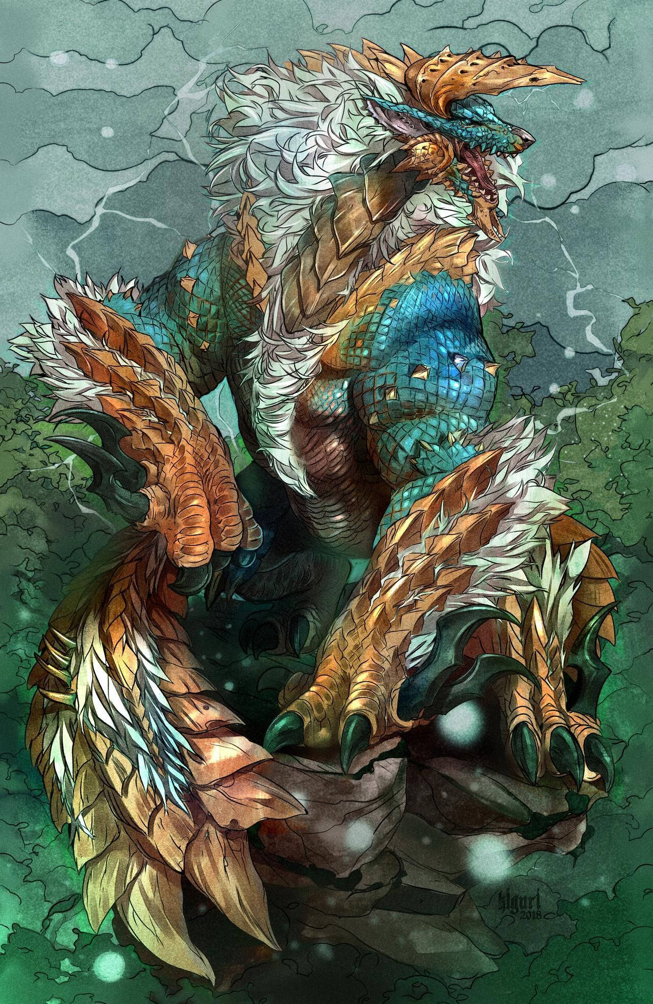 monster hunter iPhone 桌布 壁紙 — 一隻威嚴的裝甲龍，擁有青綠色鱗片和金色羽毛翅膀，在暴風雨的綠色天空中咆哮。