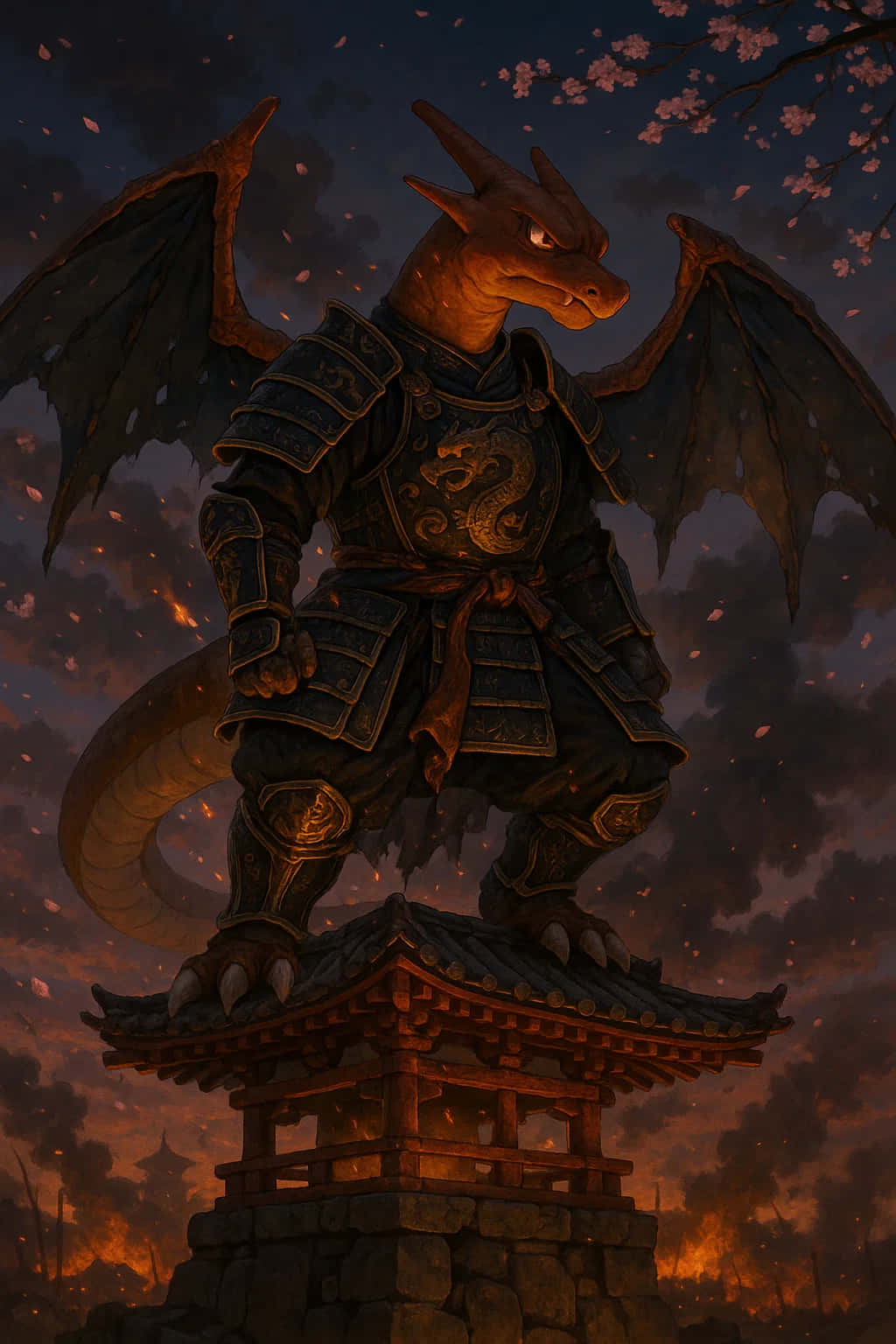 Charizard Pokemon HD Wallpaper WEBP 4K Background Download 壁紙 — 一隻威嚴的裝甲龍站在傳統的日本燈籠上，背景是黃昏的天空，飄落的櫻花和遠處的火光。