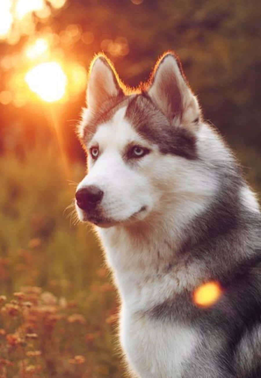 狗 桌布 壁紙 — 一隻威嚴的西伯利亞雪橇犬，擁有銳利的藍色眼睛，在金色夕陽光芒沐浴其毛髮並營造溫暖散景背景的同時，平靜地凝視著。