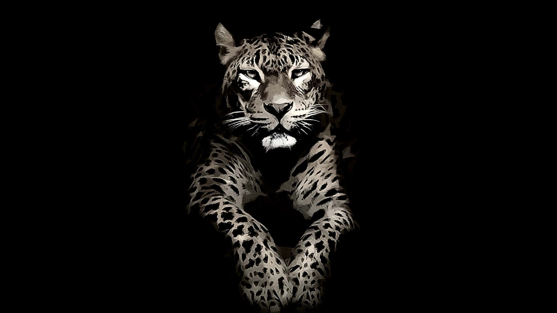 Jaguar 桌布 壁紙 — 一隻威嚴的豹從黑暗中強烈凝視，發光的眼睛和斑點皮毛在高對比度下被照亮。