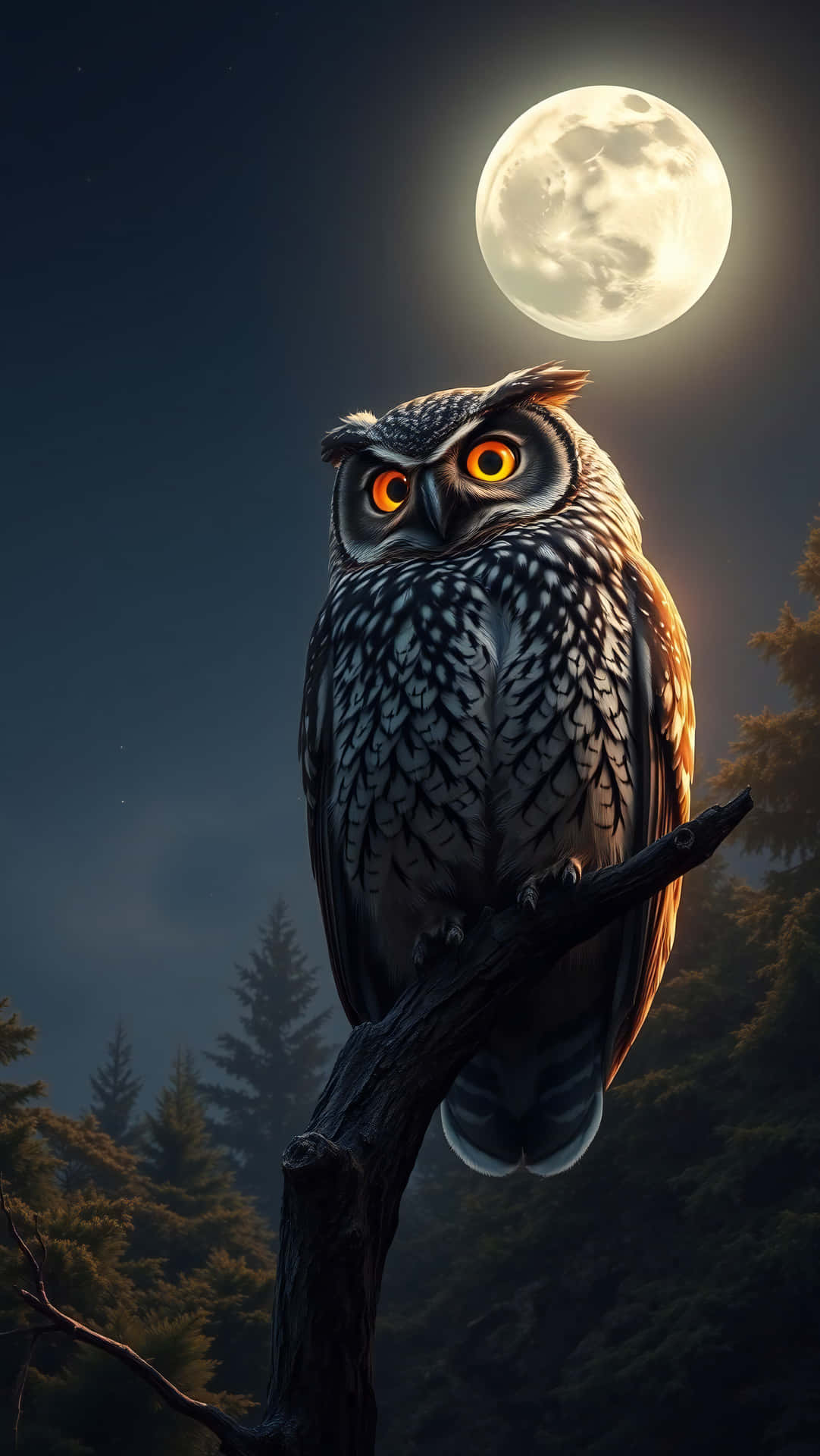 Owl 壁紙 — 一隻威嚴的貓頭鷹，有著發光的橙色眼睛，棲息在霧氣瀰漫的森林中，一輪明亮的滿月下的樹枝上。