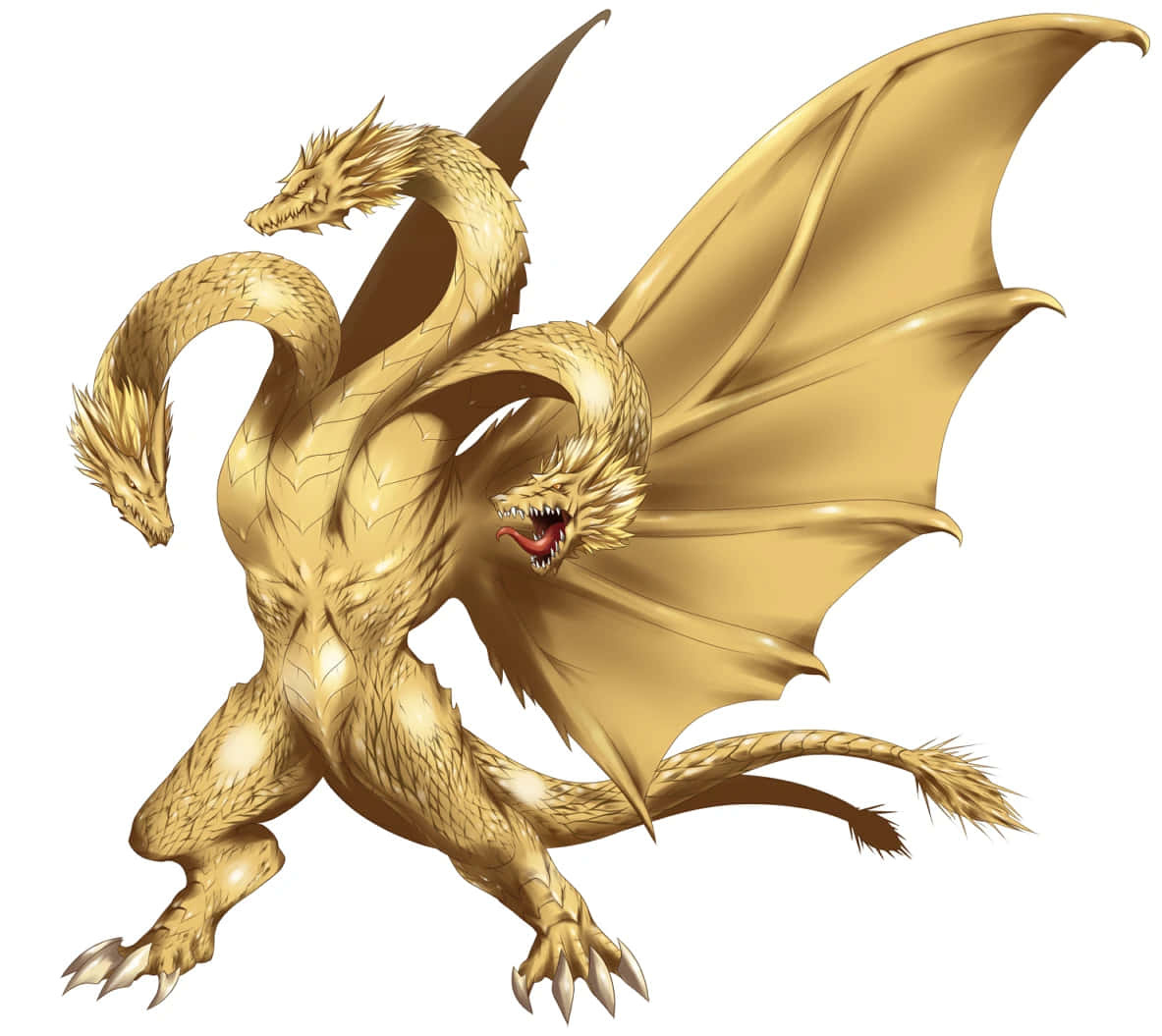 King Ghidorah 桌布 壁紙 — 一隻威嚴的金色三頭龍，展開翅膀，伸出鋒利爪子，以動態姿勢站立。