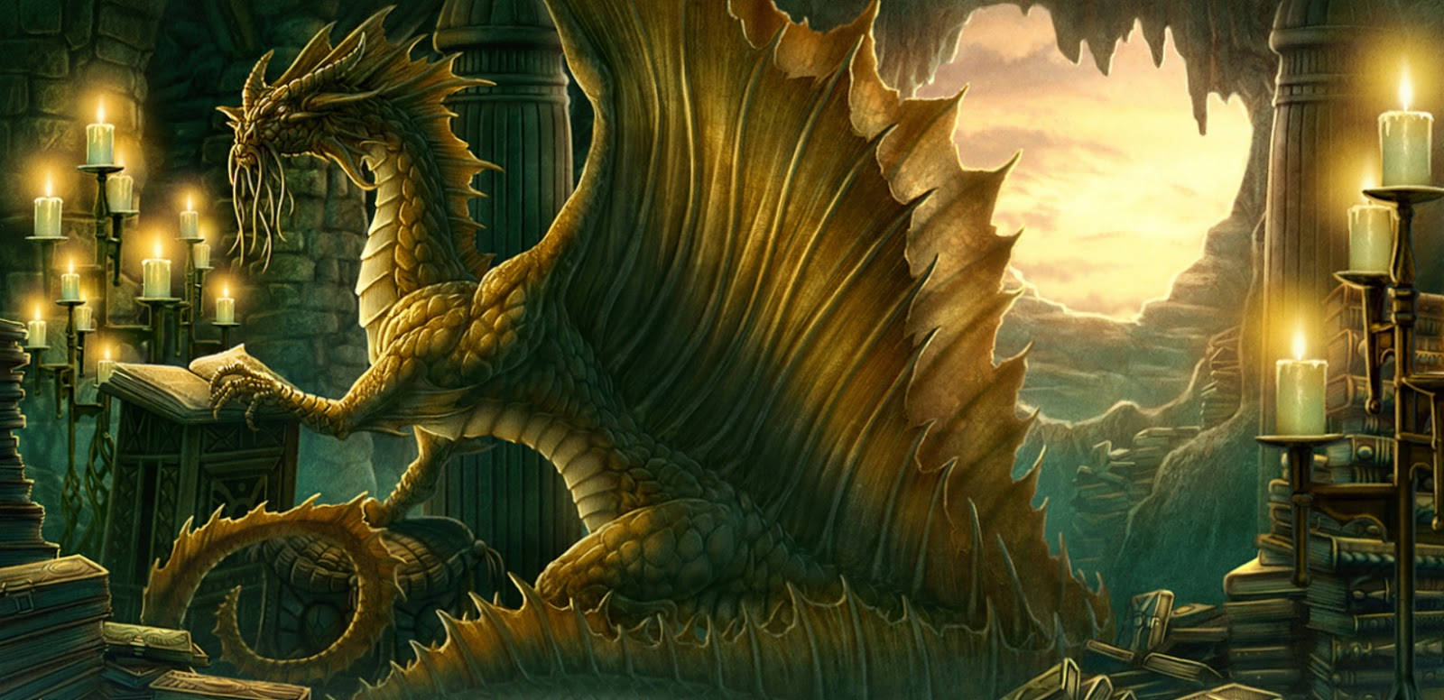 Gold Dragon 桌布 壁紙 — 一隻威嚴的金龍棲息在燭光石砌圖書館中，俯瞰著山巒日落。