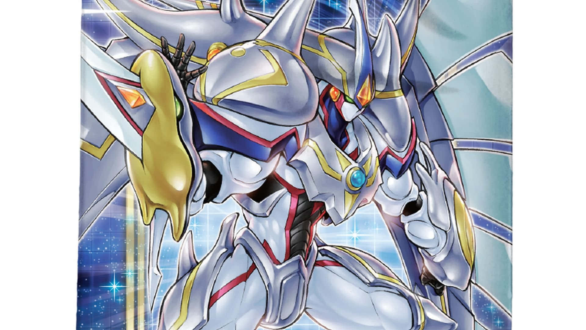 Yugioh Elemental Hero 桌布 壁紙 — 一隻威嚴的銀色和金色裝甲龍，眼睛發光，英勇地站在閃爍的藍色星空背景前。