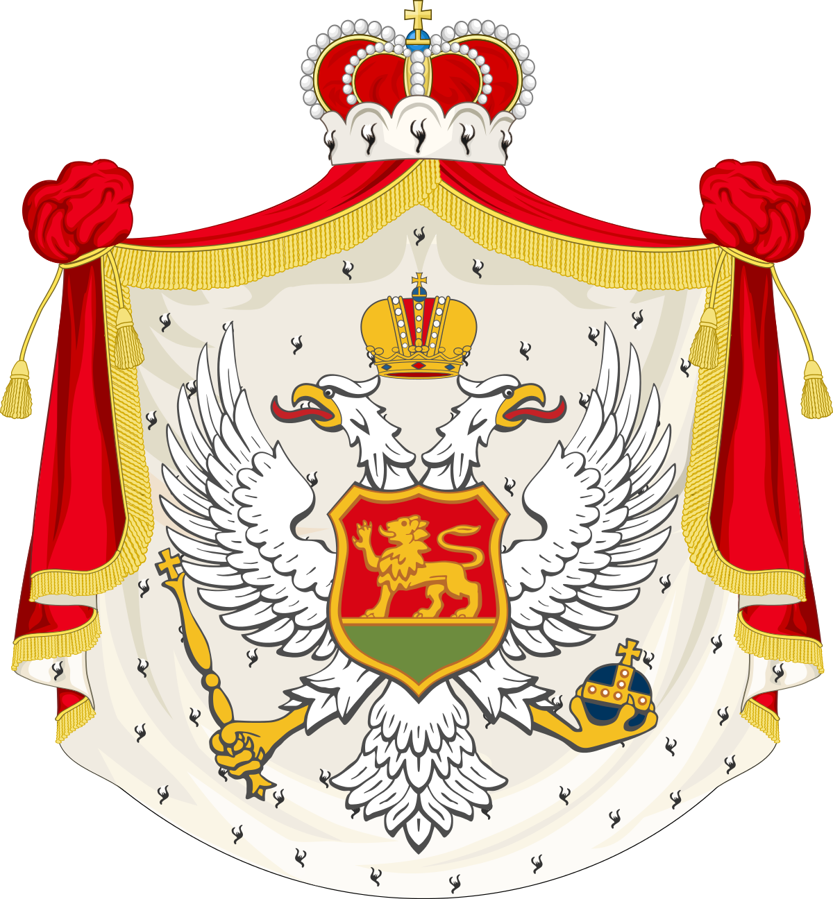 Montenegro 桌布 壁紙 — 一隻威嚴的雙頭鷹，帶有戴冠獅子盾牌，在鑲有寶石、覆蓋紅色天鵝絨的王冠下，手持權杖和寶球。