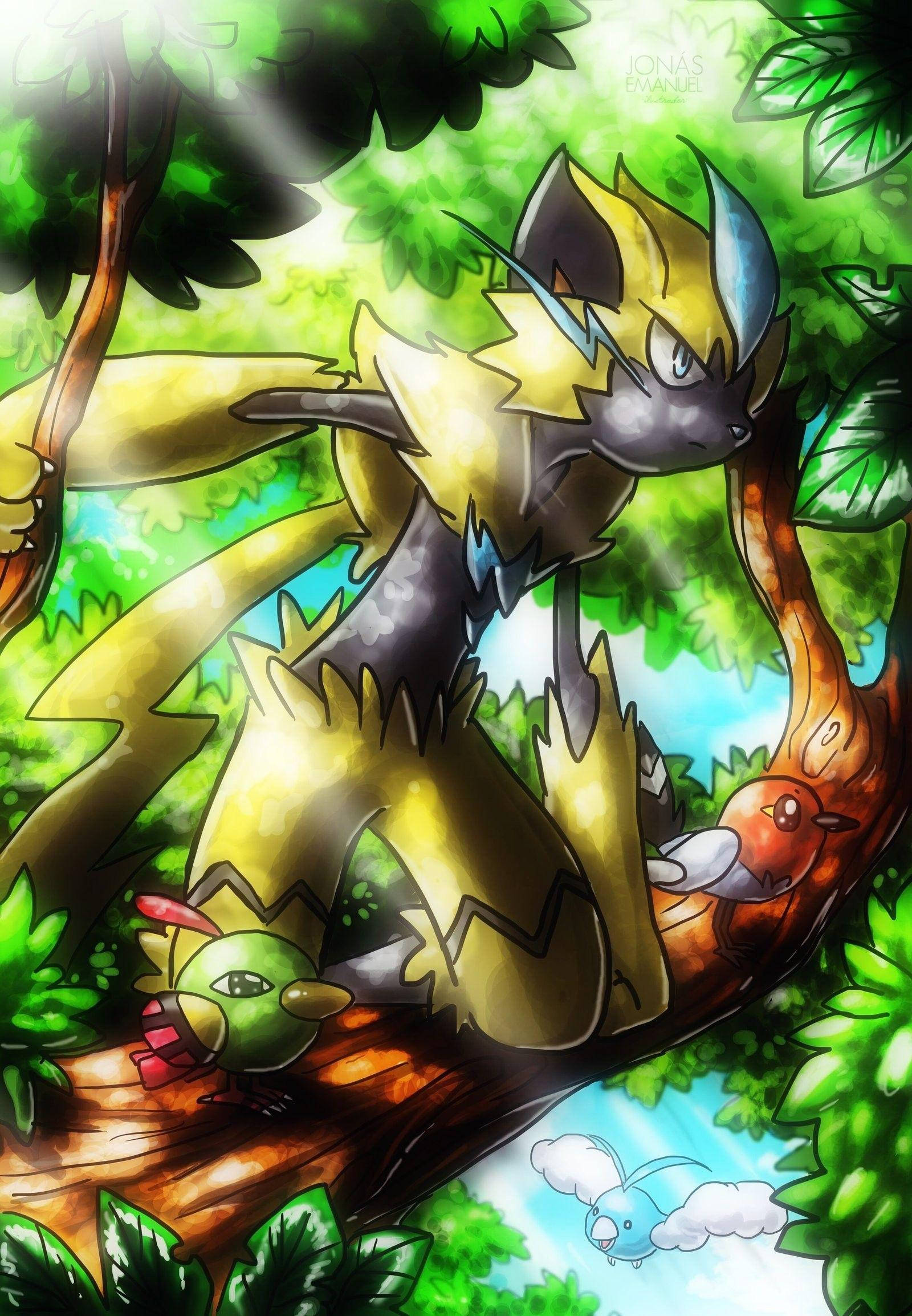 Zeraora 桌布 壁紙 — 一隻威嚴的黃黑相間狐狸狀寶可夢在陽光明媚的森林中警覺地站立，附近有小鳥棲息。