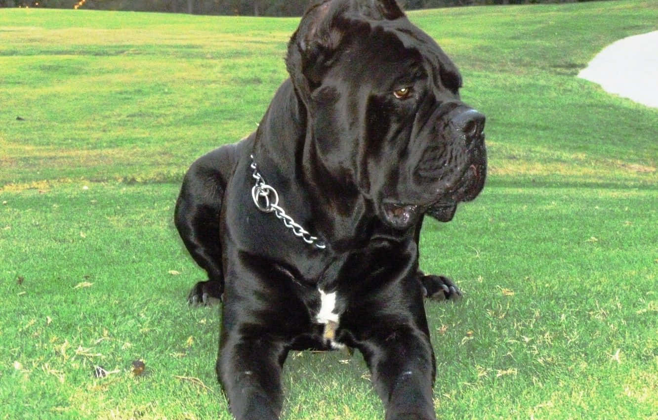 卡斯羅犬 桌布 壁紙 — 一隻威嚴的黑色卡斯羅犬戴著鏈條項圈，在明亮的日光下警覺地休息在鮮綠的草地上。