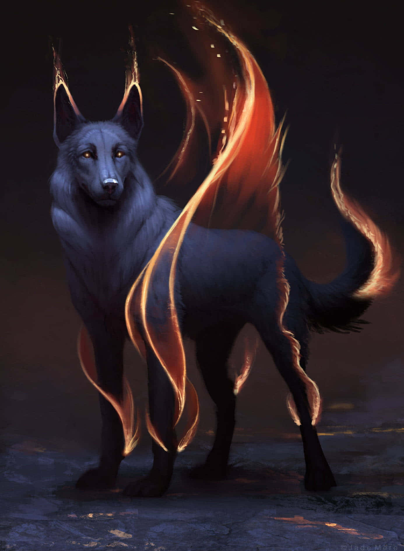 Wolf Aesthetic 桌布 壁紙 — 一隻威嚴的黑色狼，擁有發光的琥珀色眼睛，在陰影背景中，熾熱的橙色能量圍繞其身體旋轉，姿態優雅。
