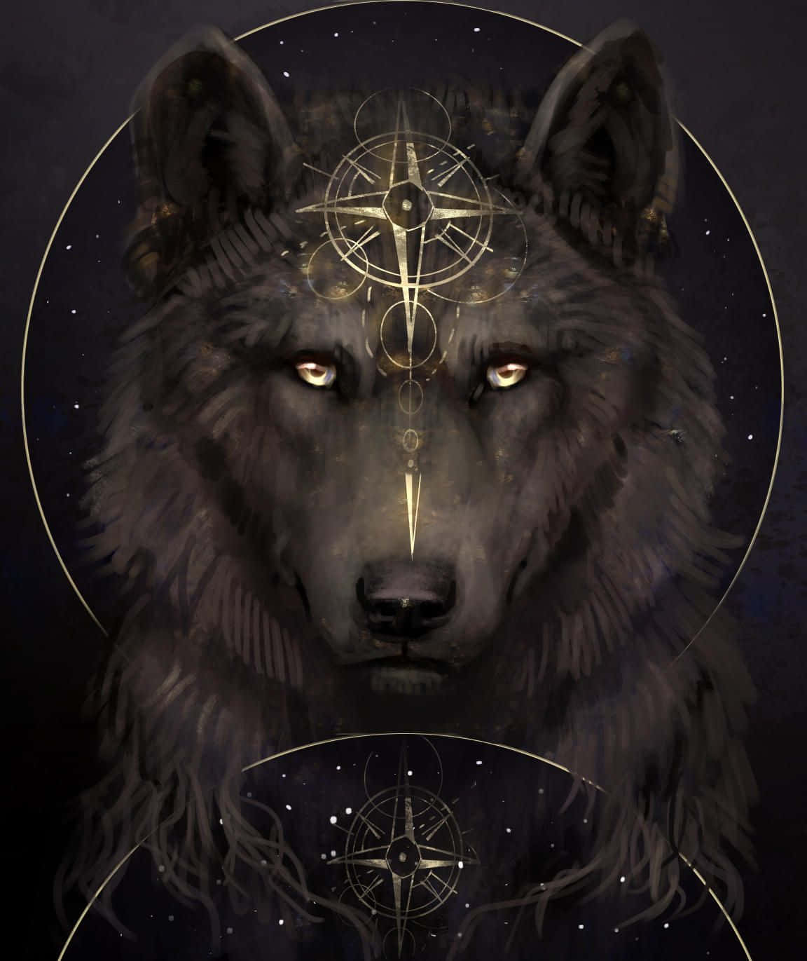 Alpha Wolf 桌布 壁紙 — 一隻威嚴的黑色狼，擁有發光的琥珀色眼睛，凝視前方，點綴著金色的神秘指南針，背景是繁星點點的夜空。