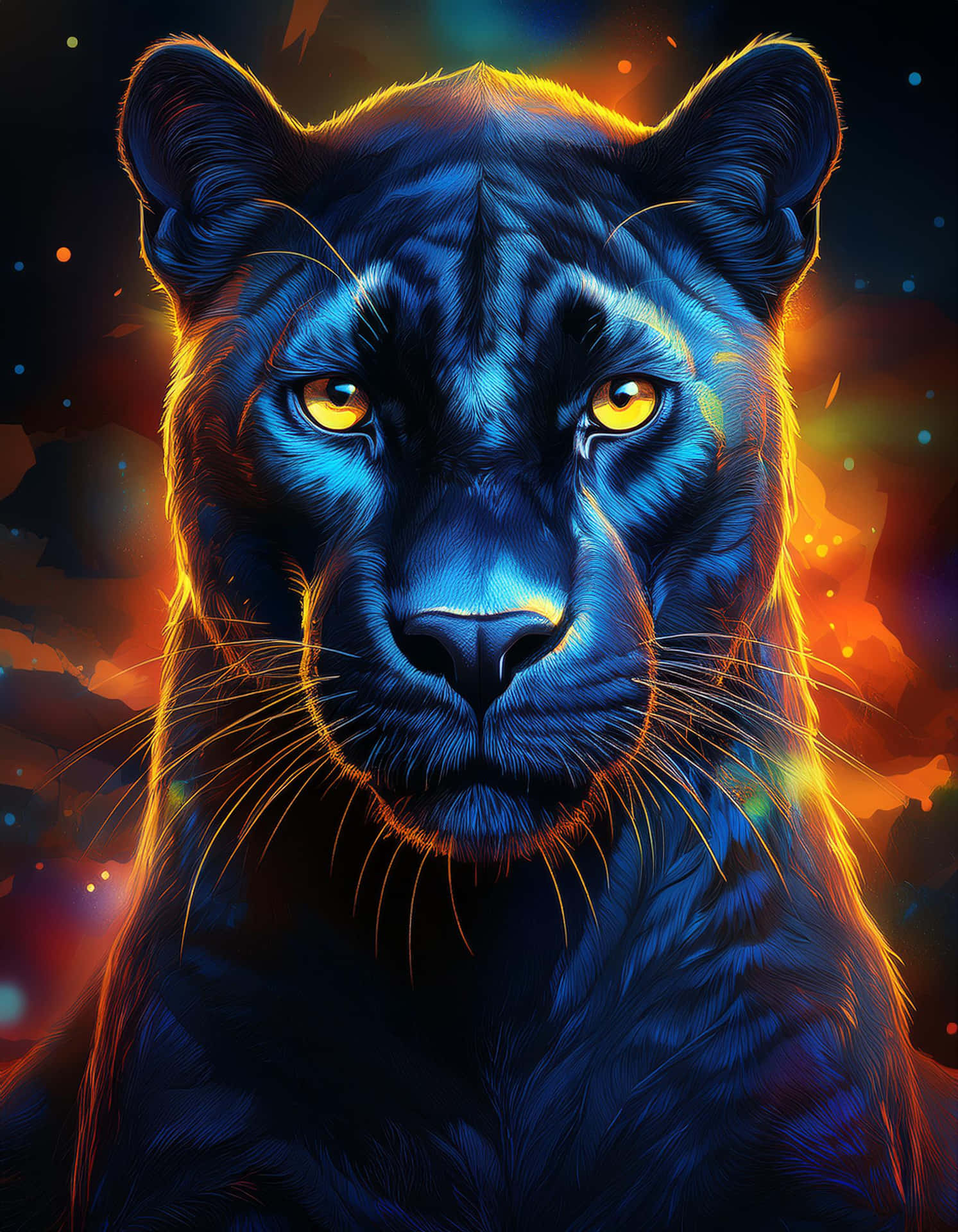 Wild Power in the Sparkle of Colors 壁紙 — 一隻威嚴的黑豹，有著發光的黃色眼睛，在藍色、橙色和紫色星雲組成的充滿活力的宇宙背景下強烈凝視。