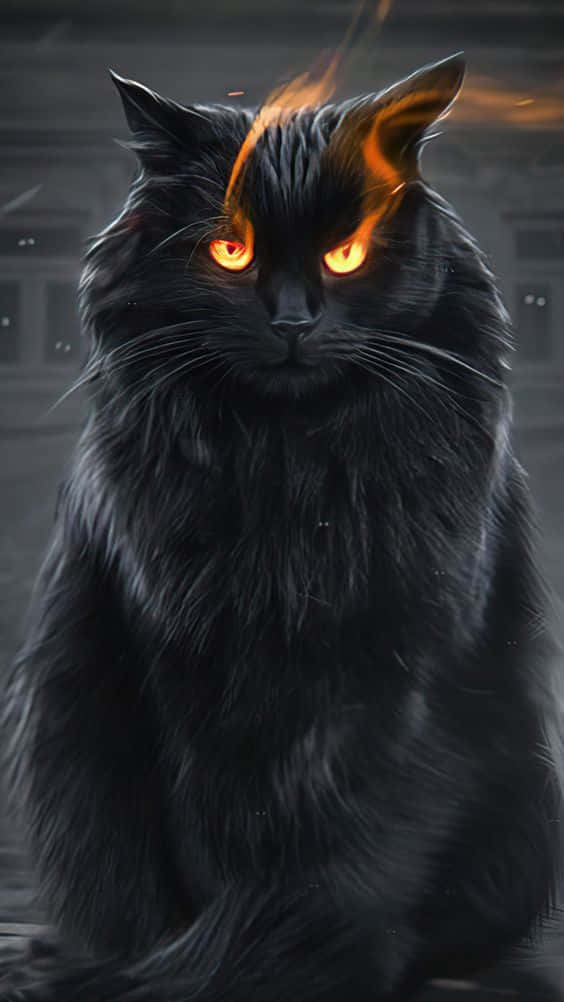 Black Cat Halloween 桌布 壁紙 — 一隻威嚴的黑貓，擁有發光的橙色眼睛和從頭部噴出的熾熱火焰，在黑暗的城市背景下凝視著。