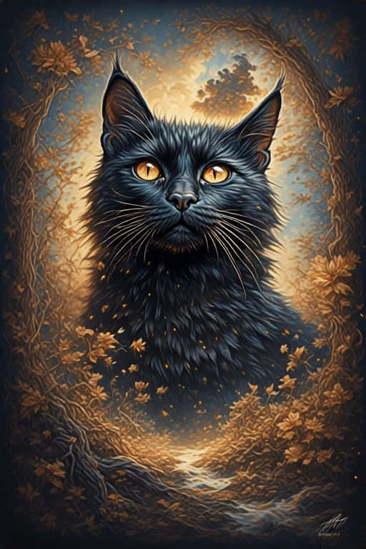 Photorealistic Ebony Cat Cinematic Digital Art 壁紙 — 一隻威嚴的黑貓，有著發光的琥珀色眼睛，向前凝視，被發光的秋季藤蔓和落葉拱門所框住。