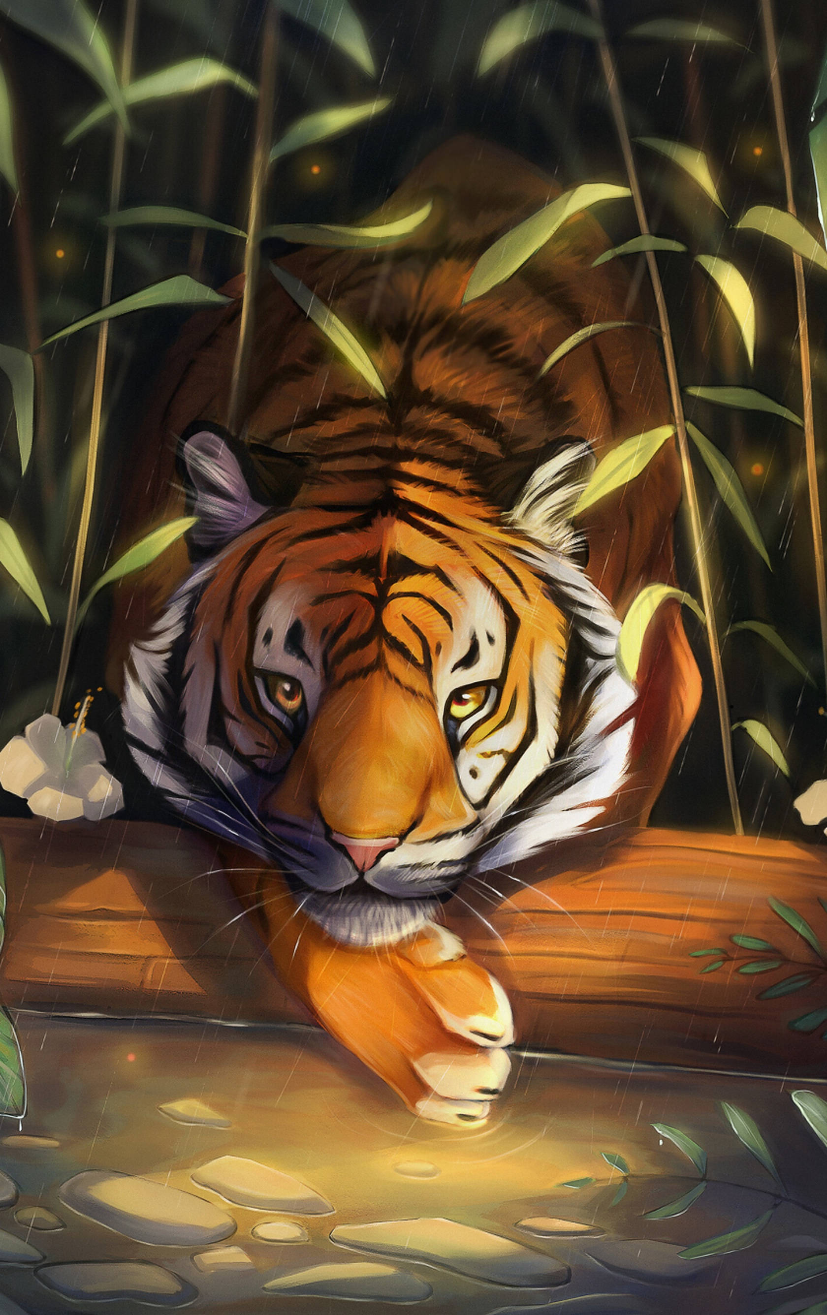 animals 桌布 壁紙 — 一隻威猛的老虎在雨淋的叢林中休息，其橙色毛髮在柔和光線下閃耀，從竹子後方專注地凝視。