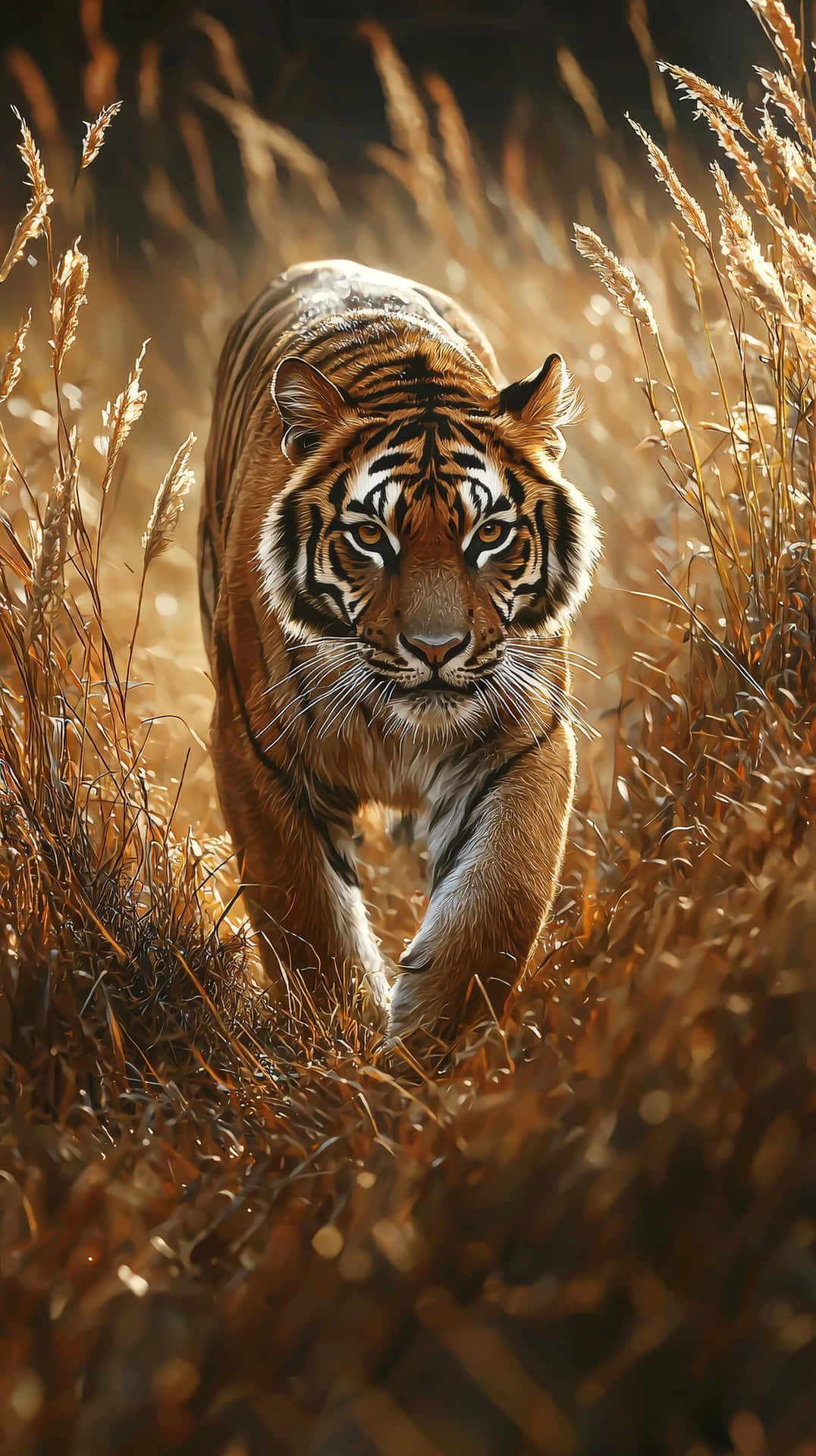 Majestic tiger walking towards the camera with an intense gaze 壁紙 — 一隻威猛的老虎穿過金色的草叢，琥珀色的眼睛在溫暖的陽光下閃爍著強烈的光芒。