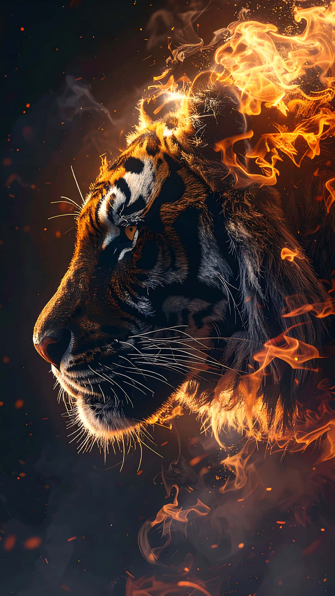 Tiger Blazing 壁紙 — 一隻威猛的老虎頭部被鮮豔的橙色火焰吞噬，背景黑暗煙霧彌漫。