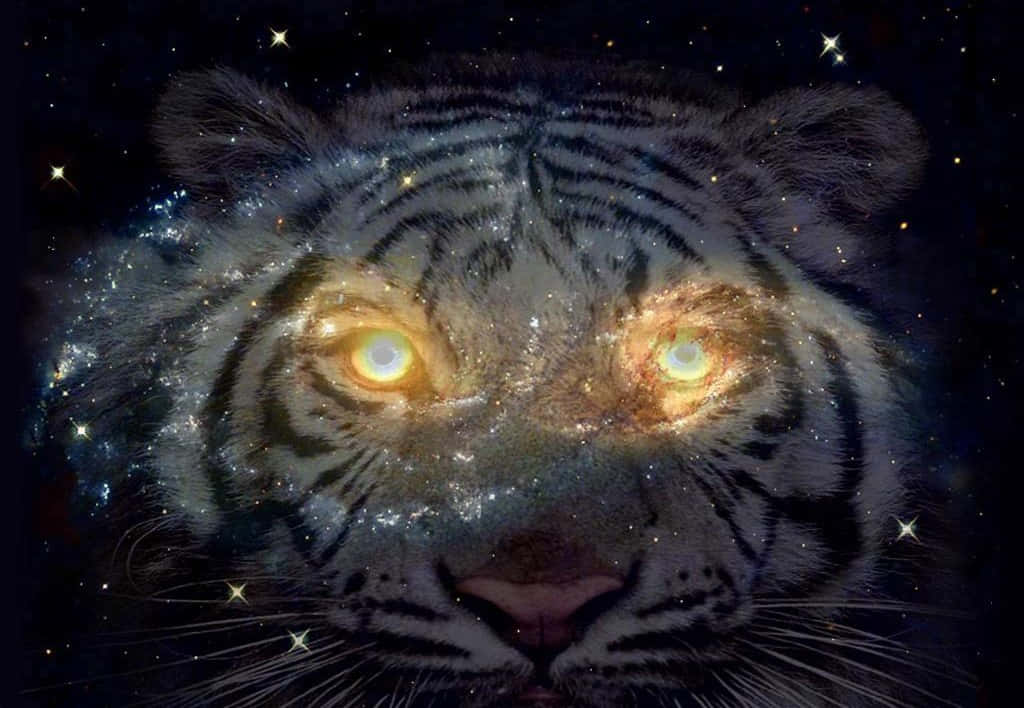 Tiger Galaxy 桌布 壁紙 — 一隻威猛老虎的臉與旋轉的星系融為一體，它的眼睛發光，宇宙星雲在其毛髮周圍旋轉，背景是繁星點點的夜空。