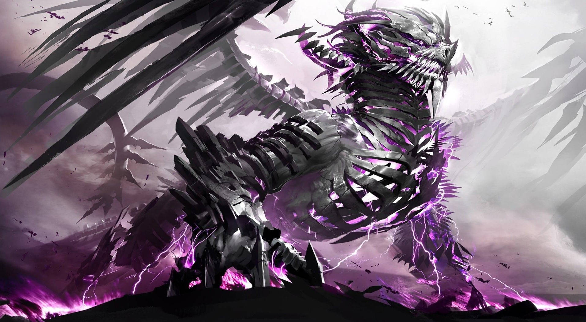 PC 遊戲 桌布 壁紙 — 一隻威脅性的骷髏龍，發光的紫色能量在其鋸齒狀的翅膀和身體周圍劈啪作響，背景是暴風雨般的紫色天空。