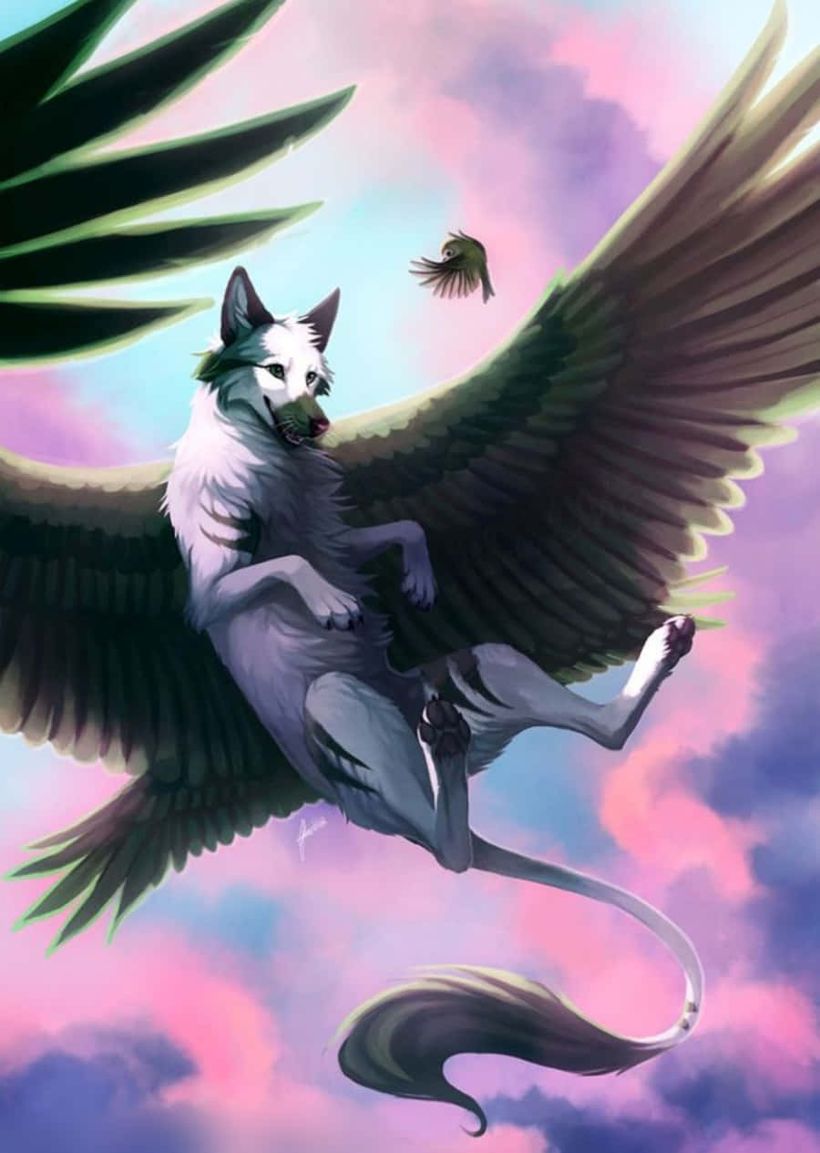 anime wolf 桌布 壁紙 — 一隻威風凜凜的有翼狼在充滿活力的粉紅色和紫色天空中翱翔，附近有一隻小鳥在飛翔。