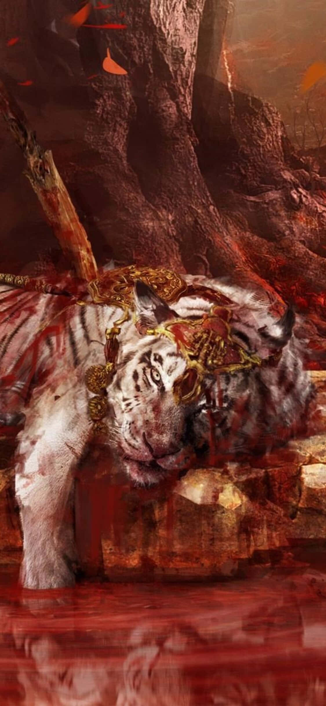 iPhone Xs Far Cry 4 桌布 壁紙 — 一隻威風凜凜的白虎，披著金色盔甲，在火焰般的岩石背景下，倒在血泊之中。