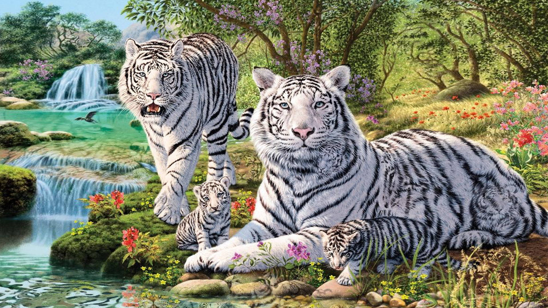 harimau 桌布 壁紙 — 一隻威風凜凜的白虎媽媽和她的幼崽在茂密的花叢叢林中，於瀑布旁休息。