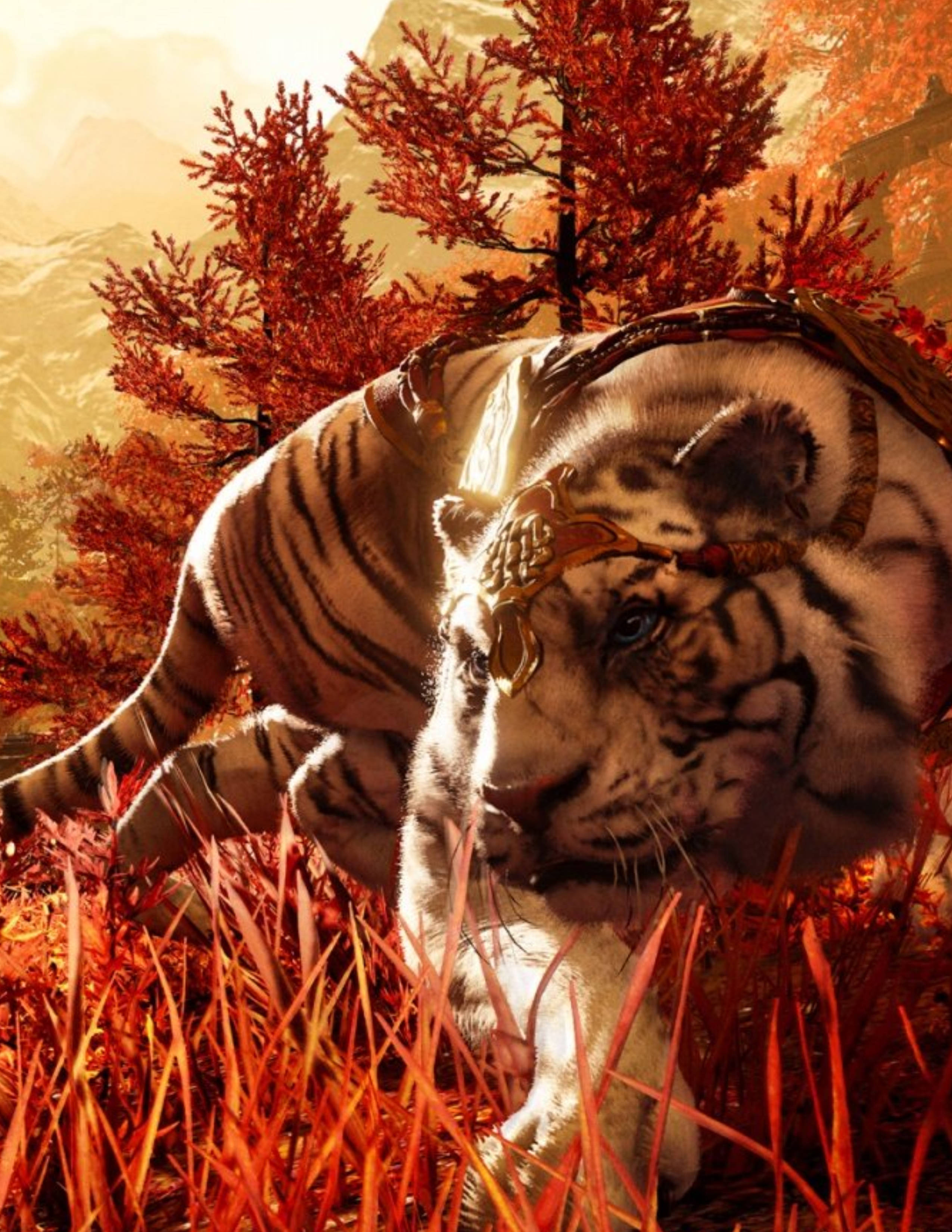 far cry iPhone 桌布 壁紙 — 一隻威風凜凜的老虎，戴著華麗的頭飾，在金色夕陽下穿過火紅的草地。
