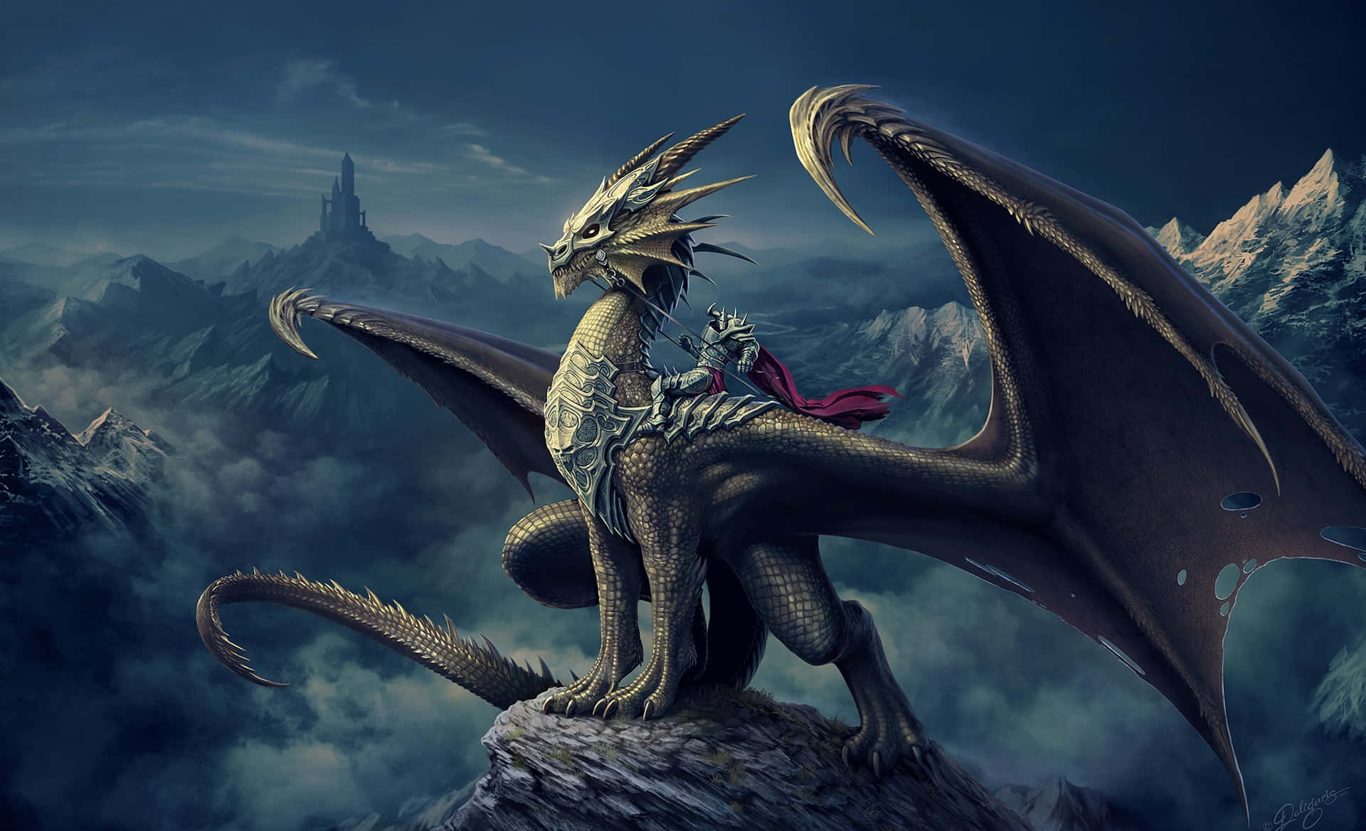 Mystical Dragon 桌布 壁紙 — 一隻威風凜凜的裝甲龍與其騎手棲息在山頂上，俯瞰著暴風雨天空下遠處的城堡。