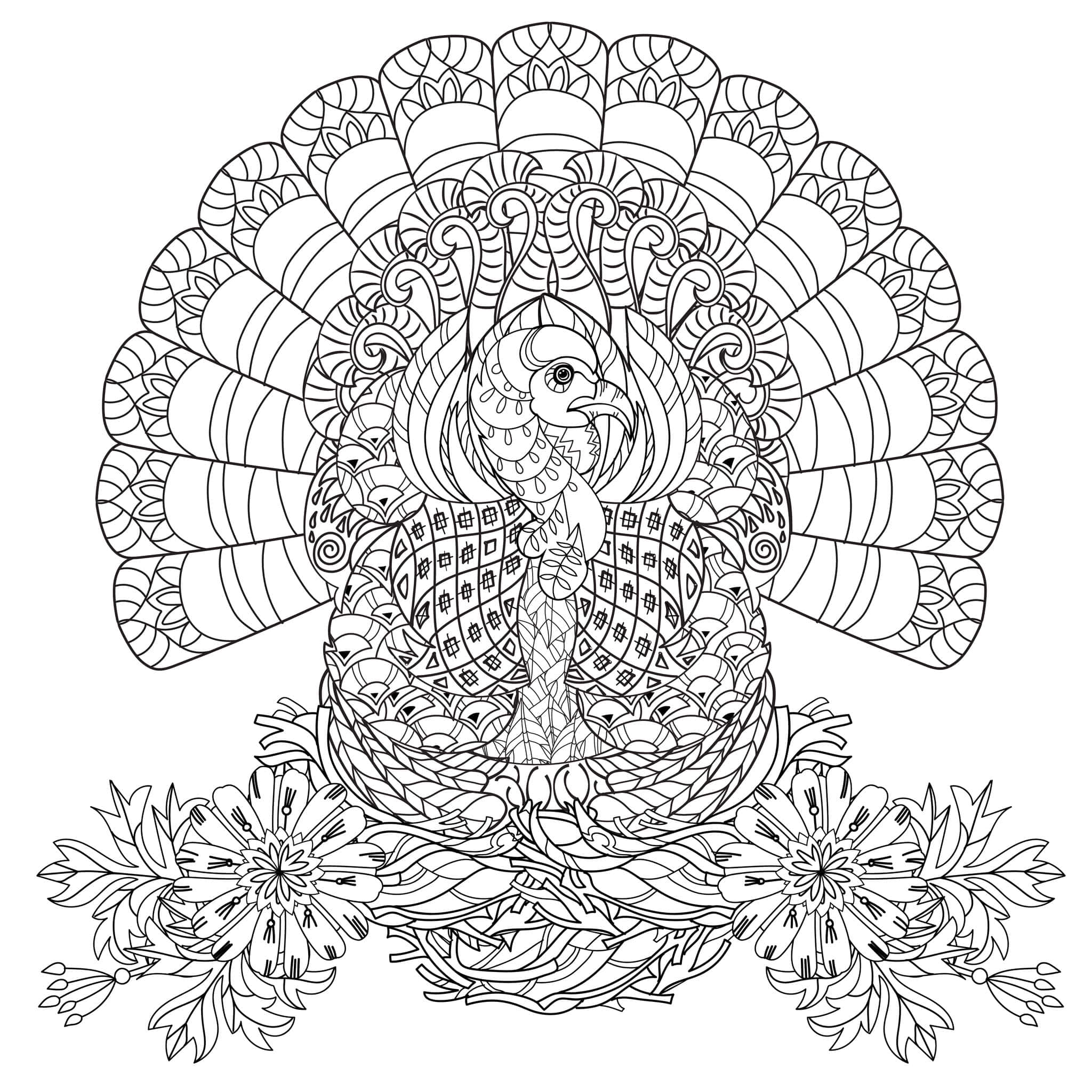 Thanksgiving Coloring 桌布 壁紙 — 一隻孔雀的詳細黑白線條藝術插圖，帶有華麗的羽毛圖案和底部的花卉元素。