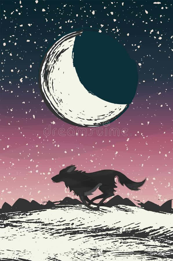 桌布 壁紙 — 一隻孤狼在佈滿星星的暮色天空下，在一個大彎月下面跑過一個雪丘。