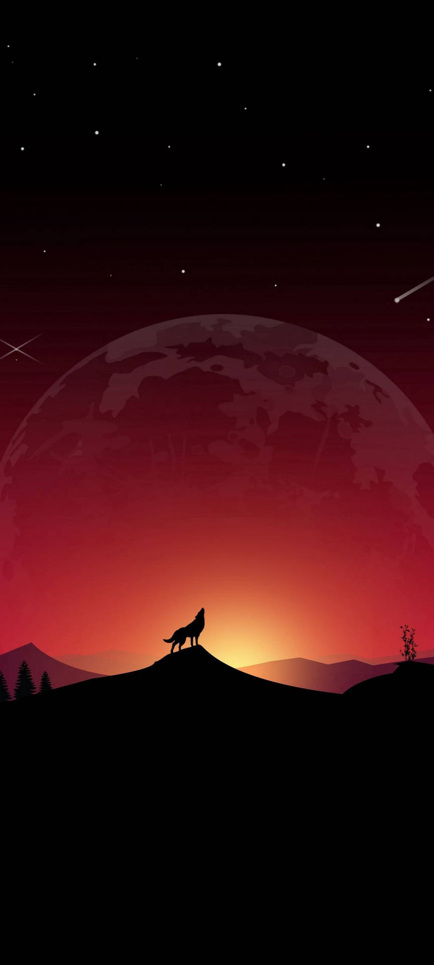 狼在紅月和星空下的山丘上嚎叫。 — 紅黑動圖 壁紙