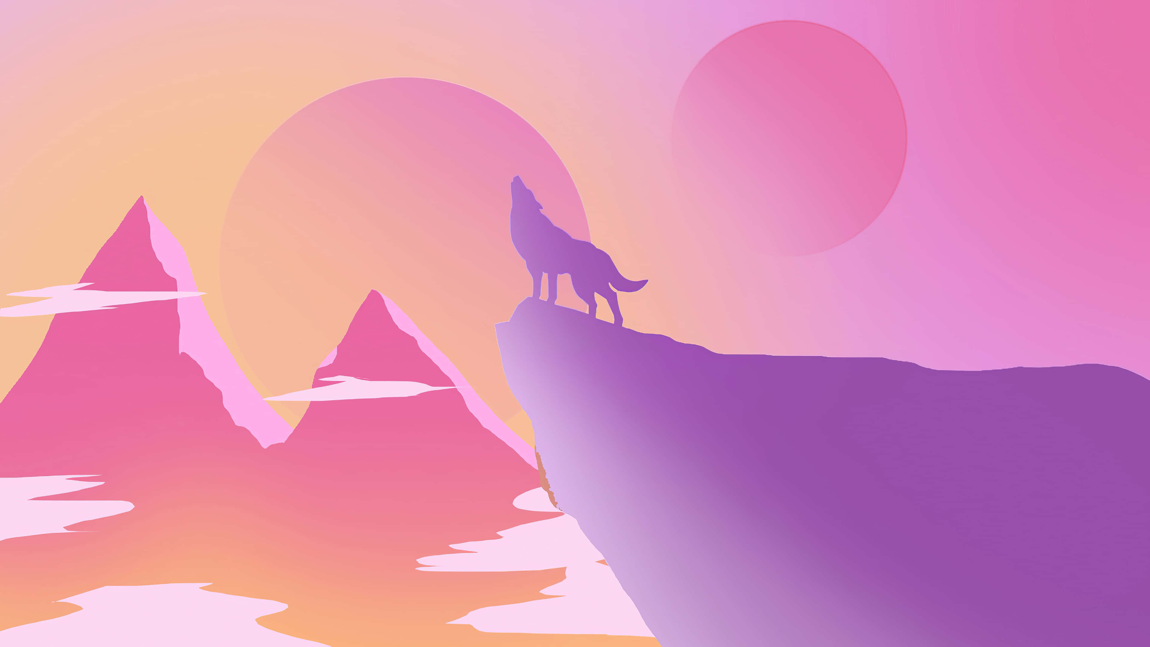 Lone Wolf 桌布 壁紙 — 一隻孤狼在懸崖頂上，對著超現實的粉紅和紫色日落嚎叫，背景有風格化的山脈和漂浮的球體。