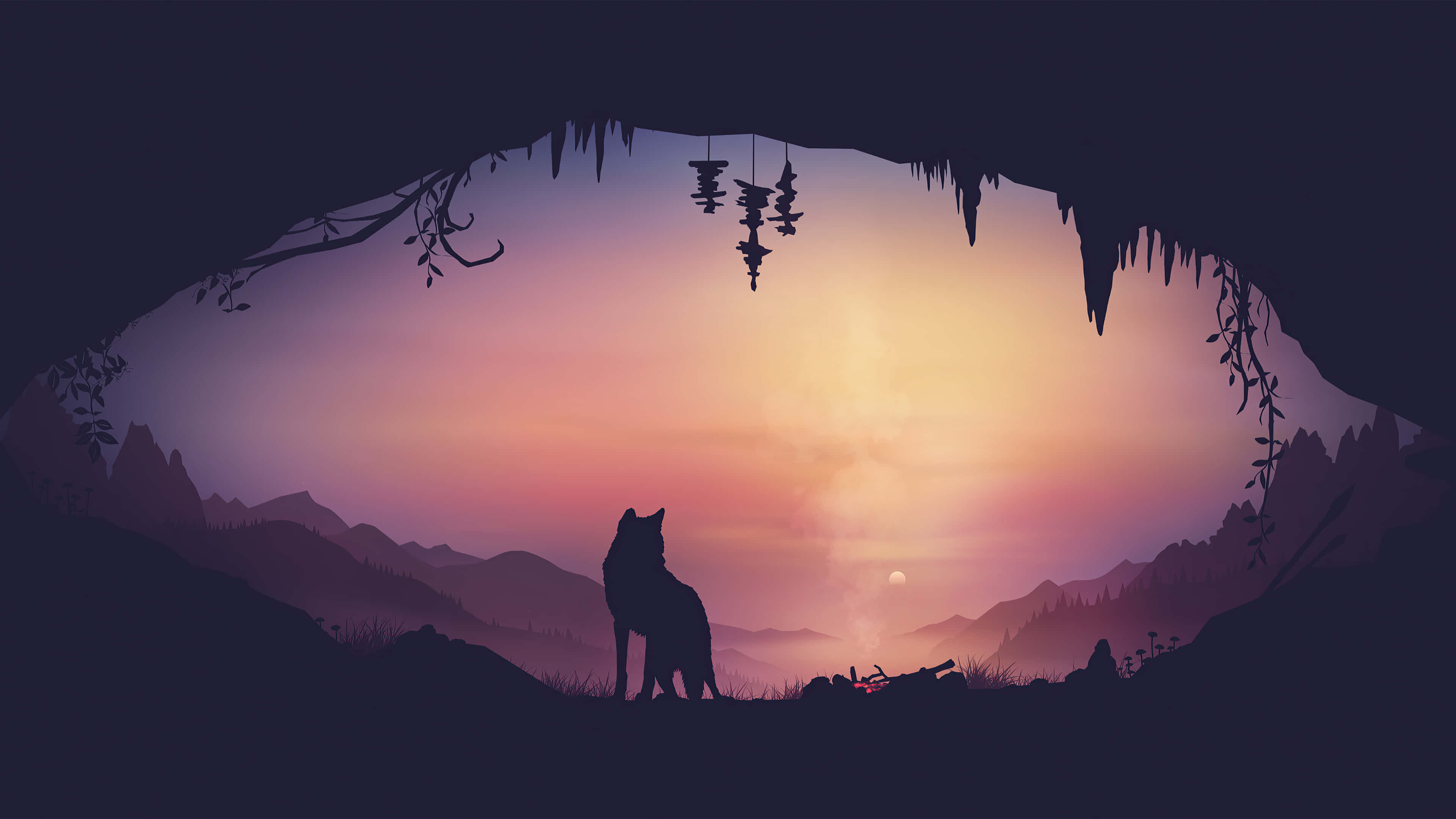 Wolf In Sunset 桌布 壁紙 — 一隻孤狼在由懸掛藤蔓和鐘乳石構成的洞穴內，對著燦爛的日落嚎叫。