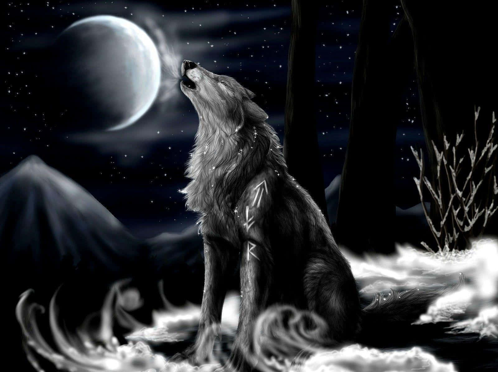 3d Wolf 桌布 壁紙 — 一隻孤狼在雪地森林中，於繁星夜空下向新月嚎叫，背景有山巒。