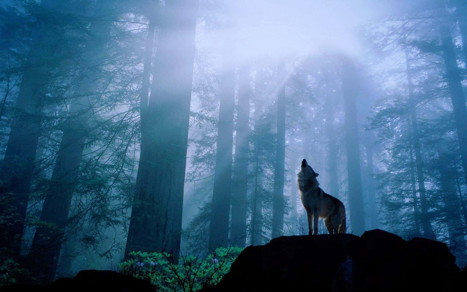 Wolf In Forest 桌布 壁紙 — 一隻孤狼在霧藍森林的岩石露頭上嚎叫，陽光穿過高聳的樹木。