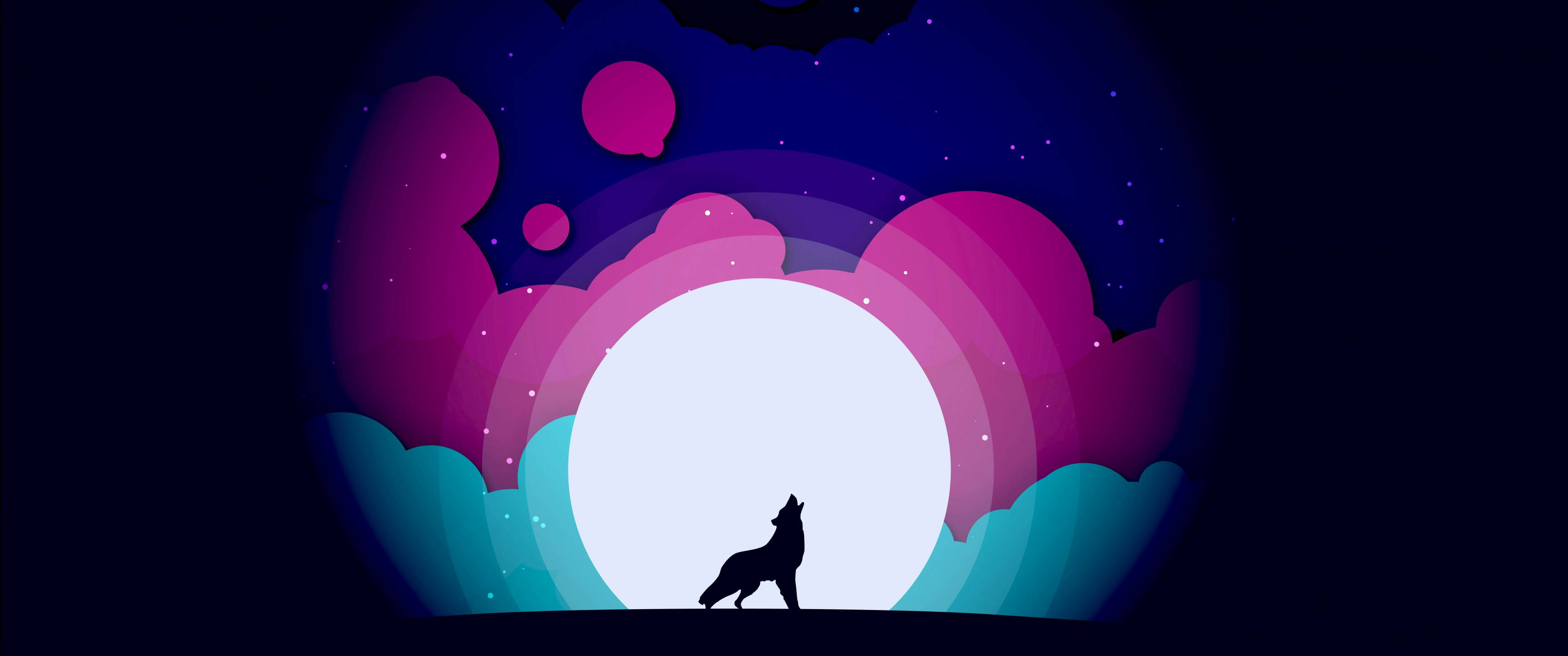 狼 桌布 壁紙 — 一隻孤狼的剪影在繁星點點的夜空下，對著被鮮豔紫色和青綠色雲朵環繞的發光月亮嚎叫。