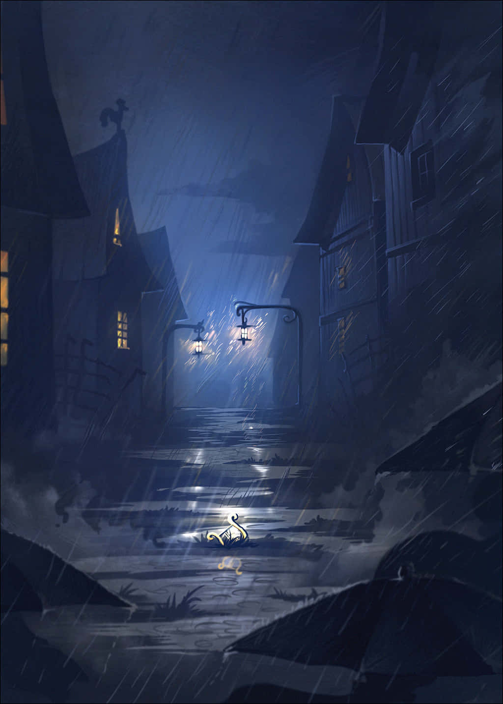 Cover Art 桌布 壁紙 — 一隻孤獨發光的天鵝在黑暗建築物之間濕滑的後巷中漂浮，頭頂是閃爍的街燈。