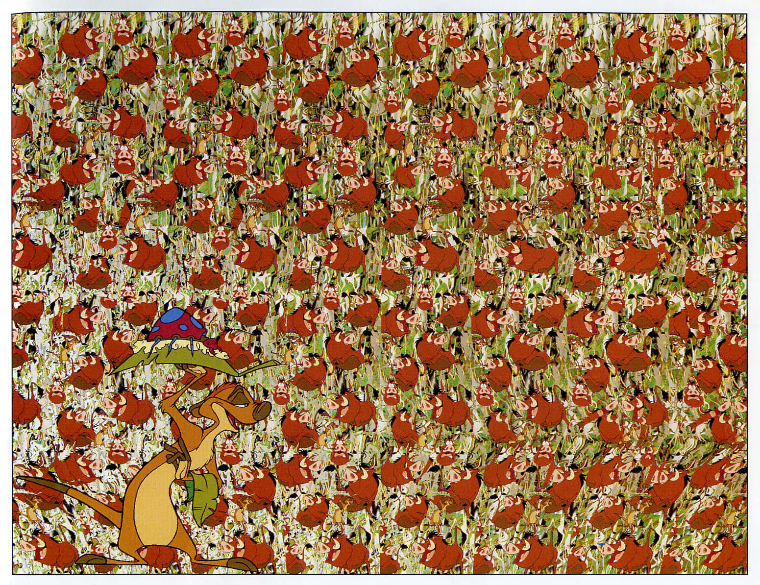 Magic Eye 桌布 壁紙 — 一隻孤獨的卡通狐獴背著蘑菇屋穿過一片密集的相同紅臉角色。