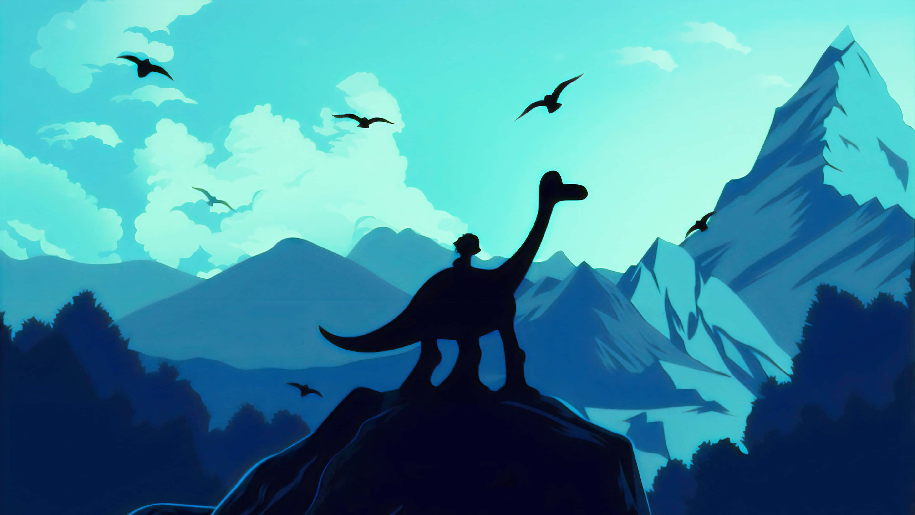 Dinosaur Cartoon 桌布 壁紙 — 一隻孤獨的恐龍剪影站在岩石山峰上，背景是青綠色的天空，有飛鳥和遠山。
